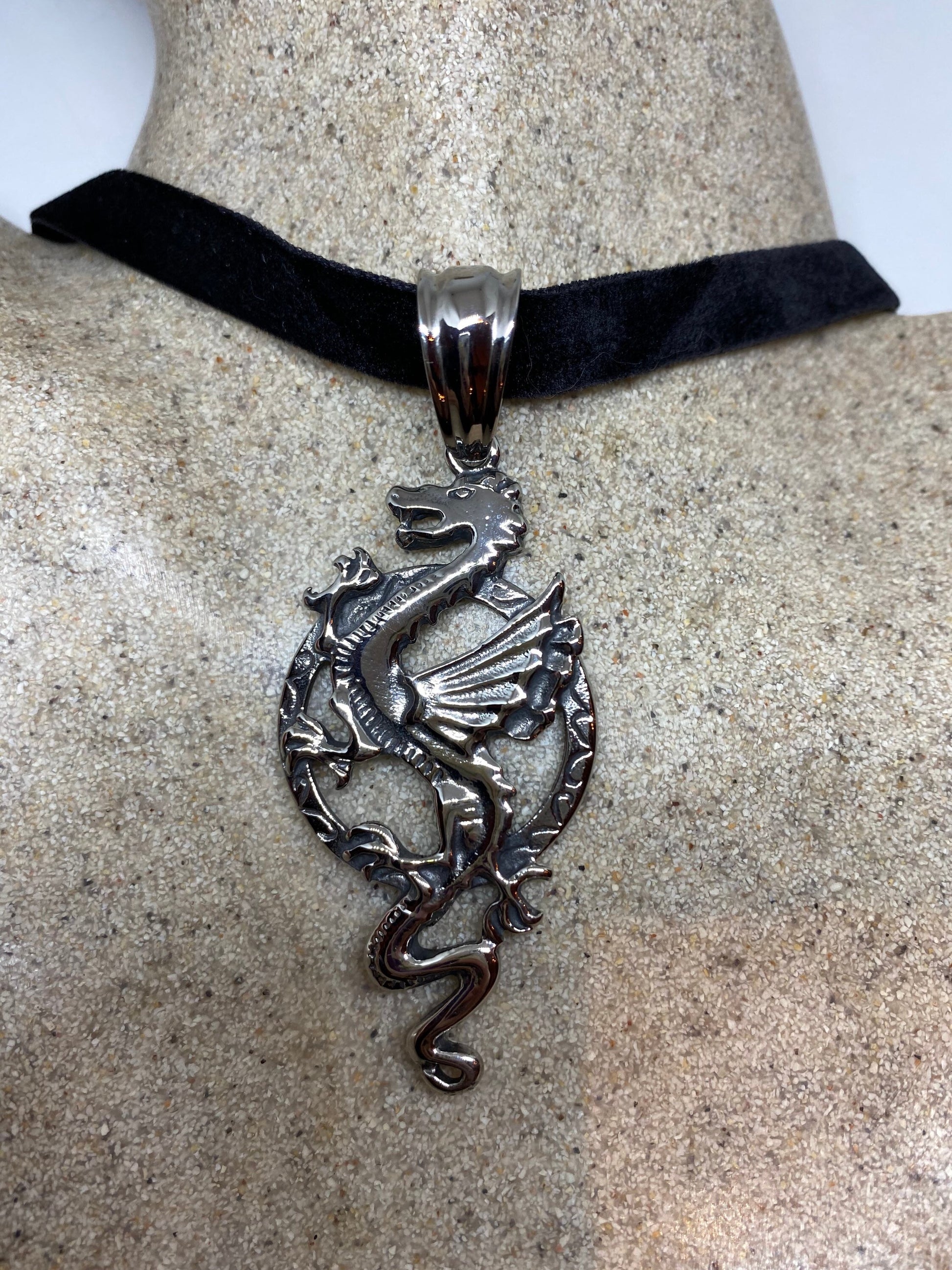 Vintage Silver Stainless Steel Gothic Celtic Dragon Pendant Necklace