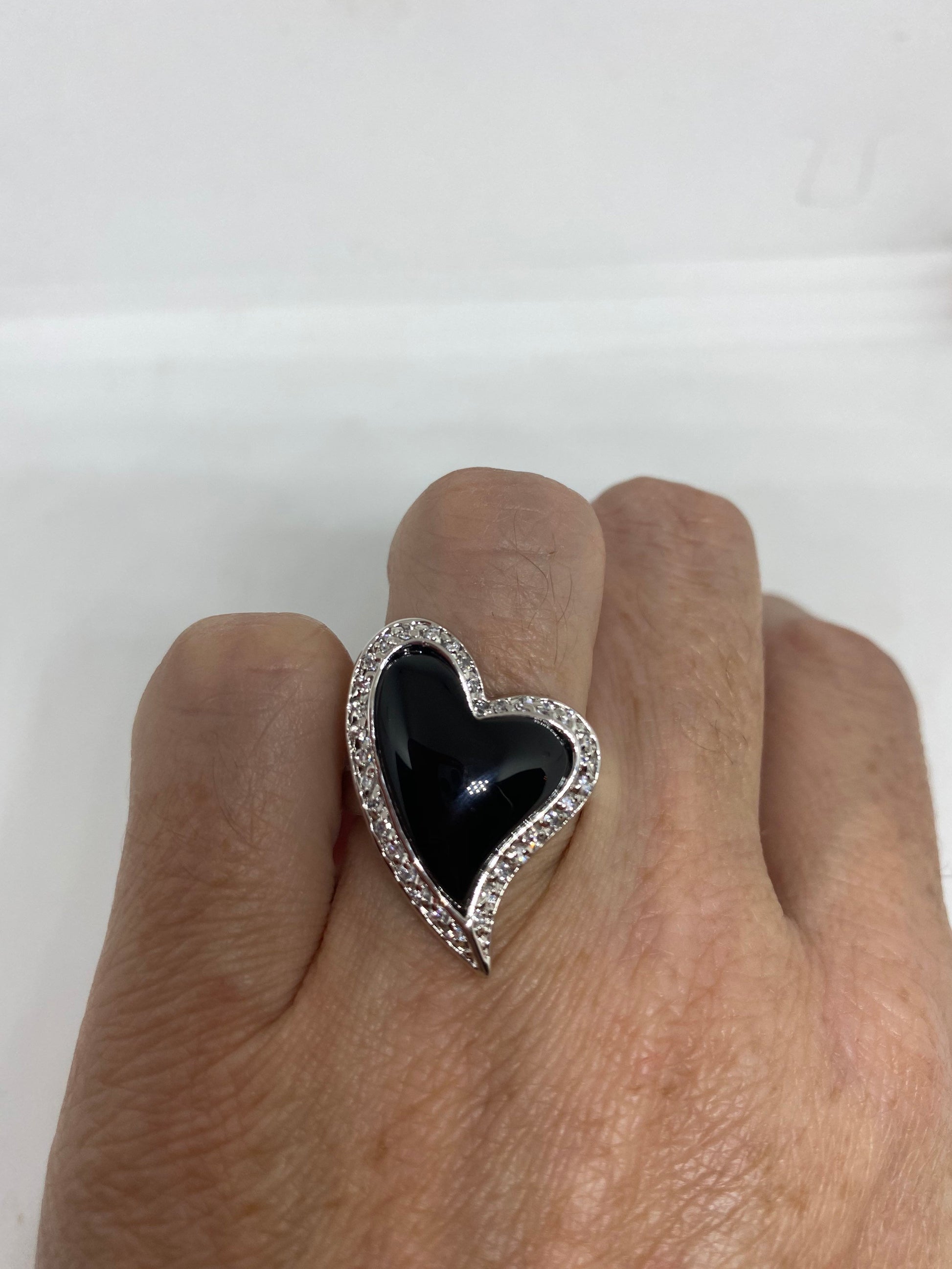 Vintage Black Onyx Clear White Sapphire 925 Sterling Silver Cocktail Ring Size 6