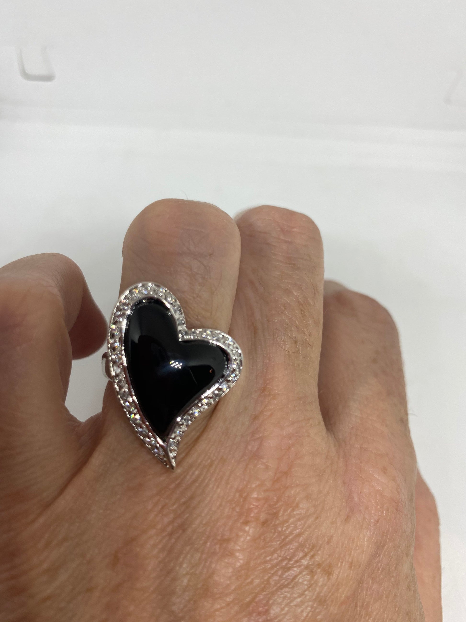 Vintage Black Onyx Clear White Sapphire 925 Sterling Silver Cocktail Ring Size 6