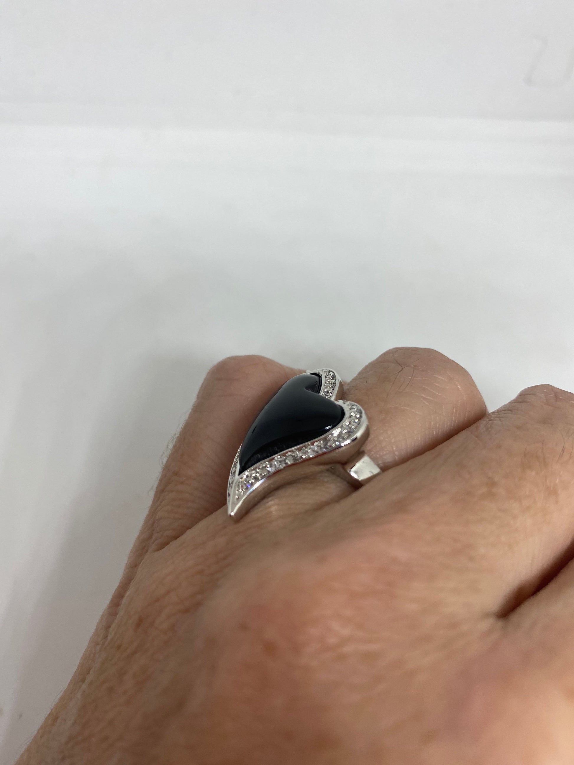 Vintage Black Onyx Clear White Sapphire 925 Sterling Silver Cocktail Ring Size 6