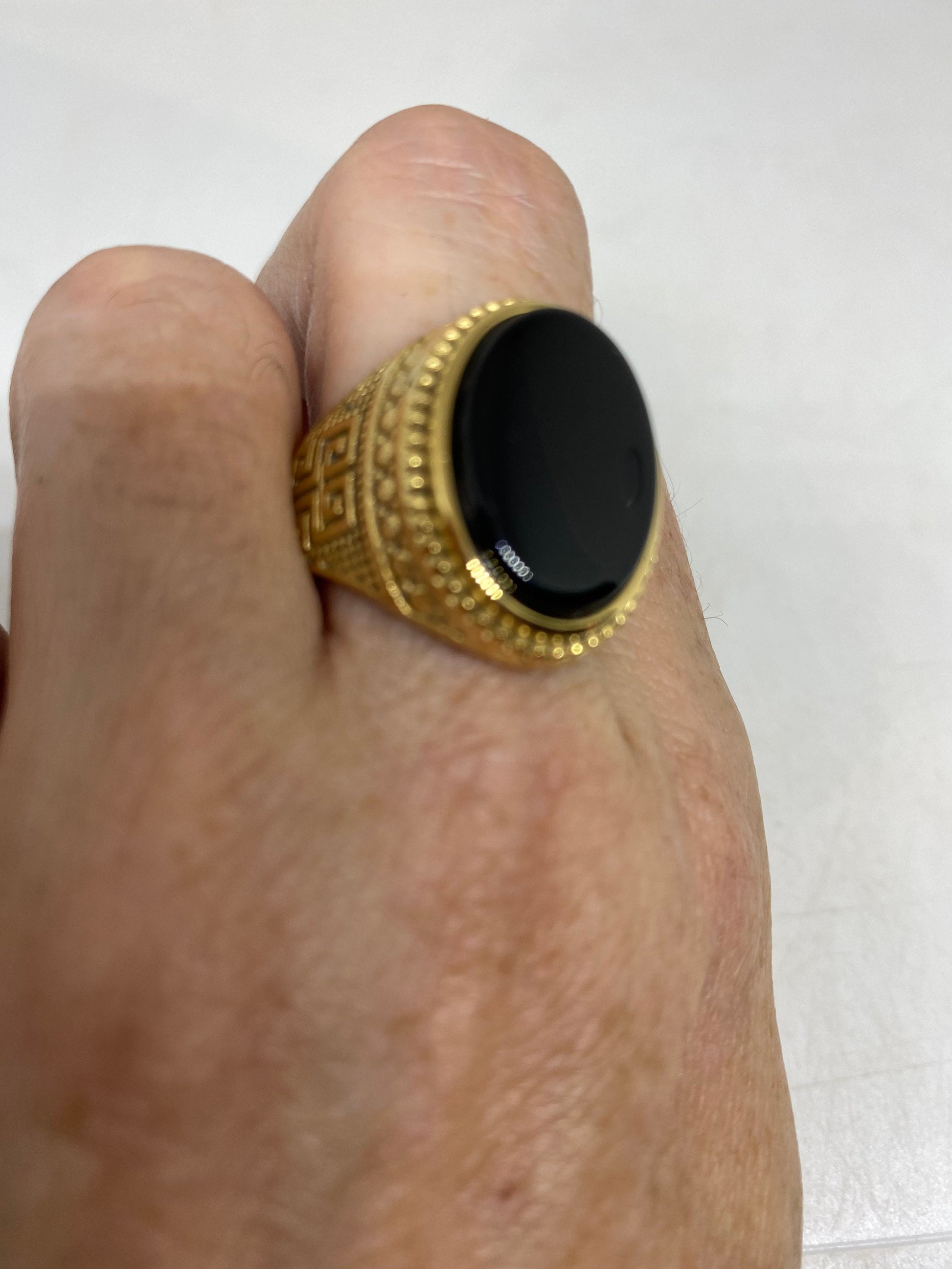 Vintage Gothic Gold Finished Stainless Steel Black Onyx Genuine Ring