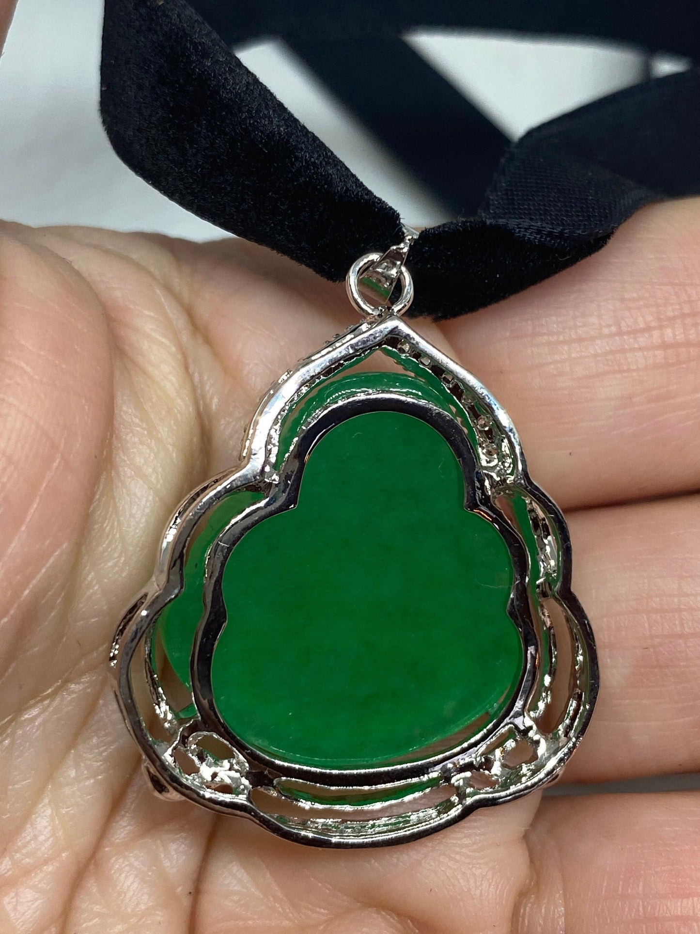 Vintage Green Jade Buddha Silver Finish Necklace