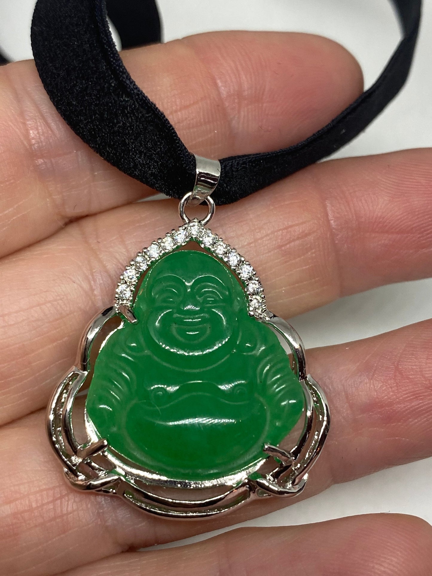 Vintage Green Jade Buddha Silver Finish Necklace