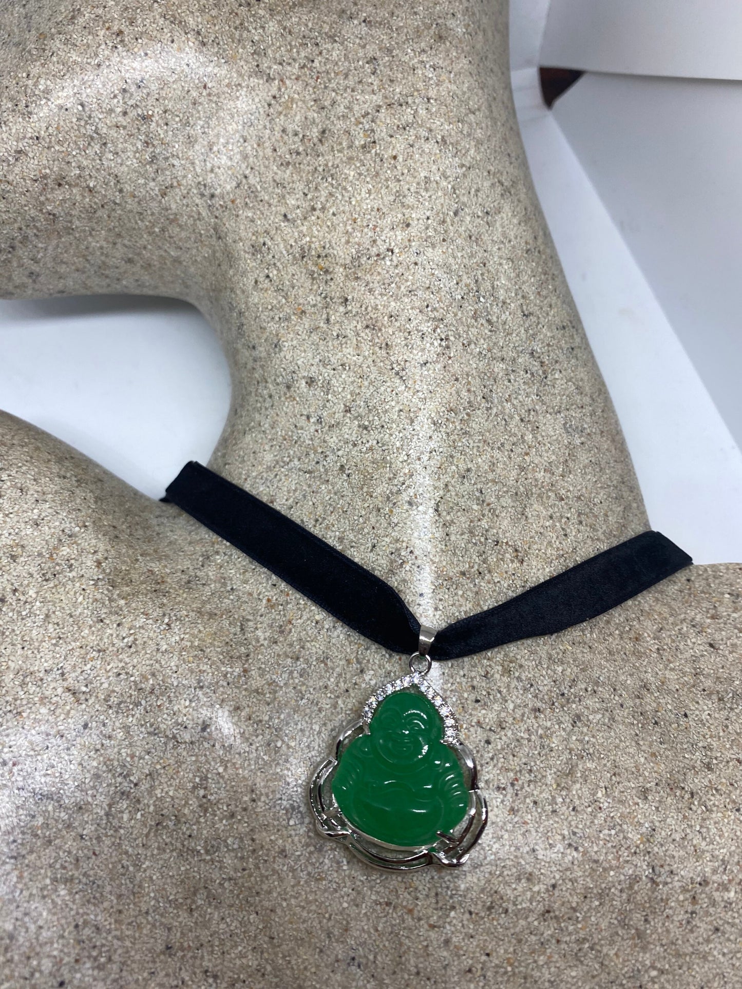 Vintage Green Jade Buddha Silver Finish Necklace