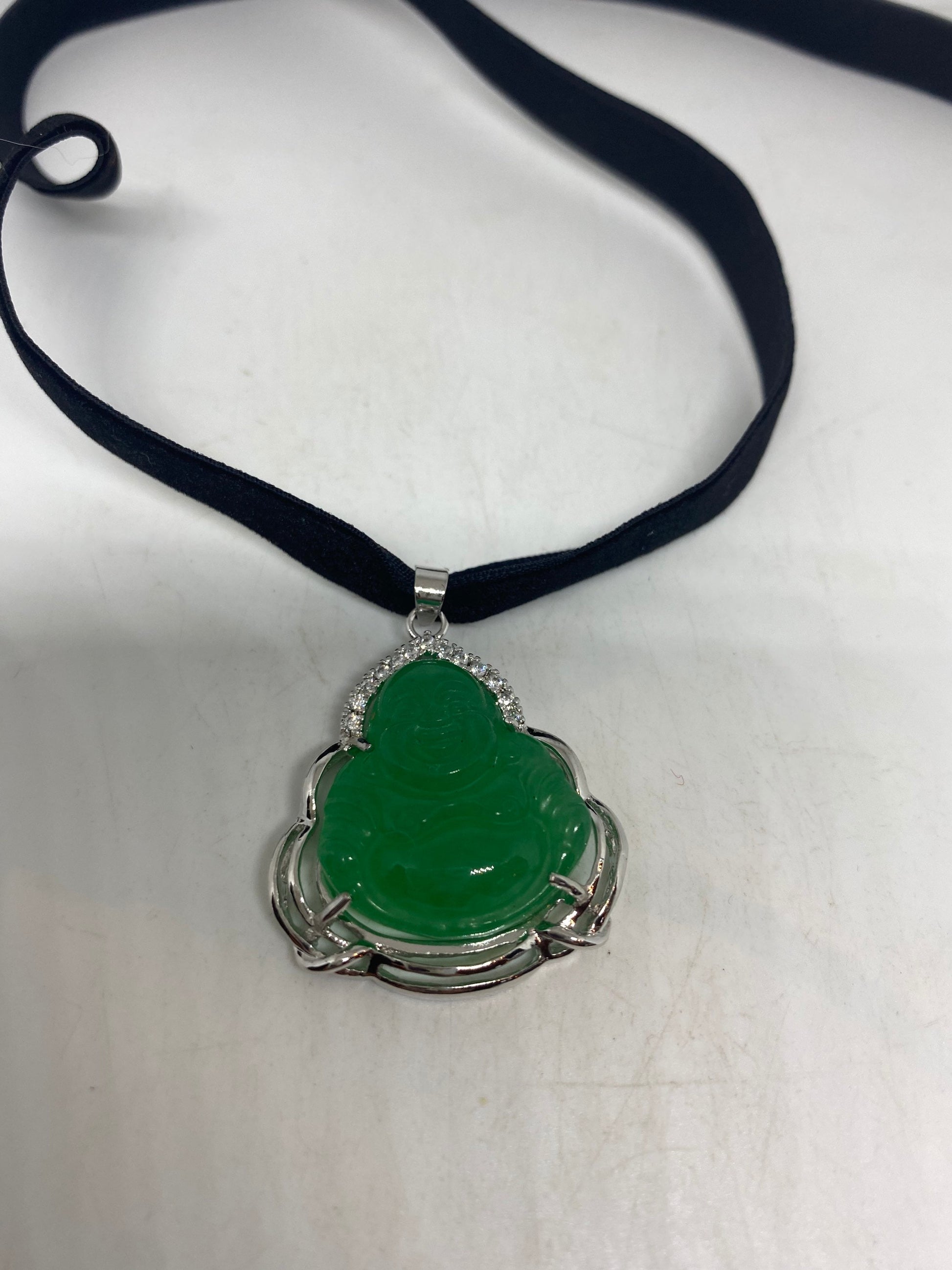 Vintage Green Jade Buddha Silver Finish Necklace