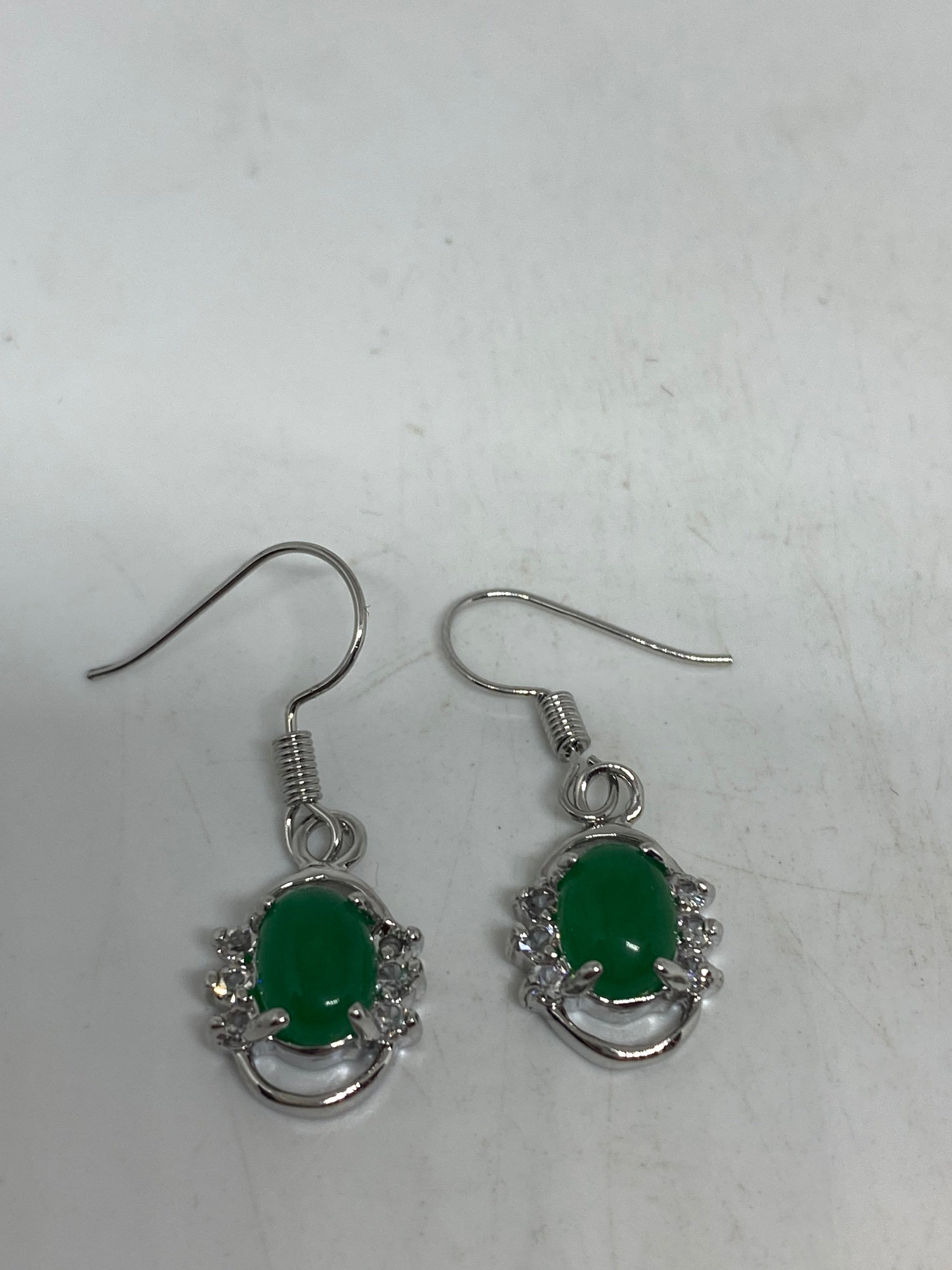 Vintage Fun Green Jade Gemstone Silver Bronze Earrings
