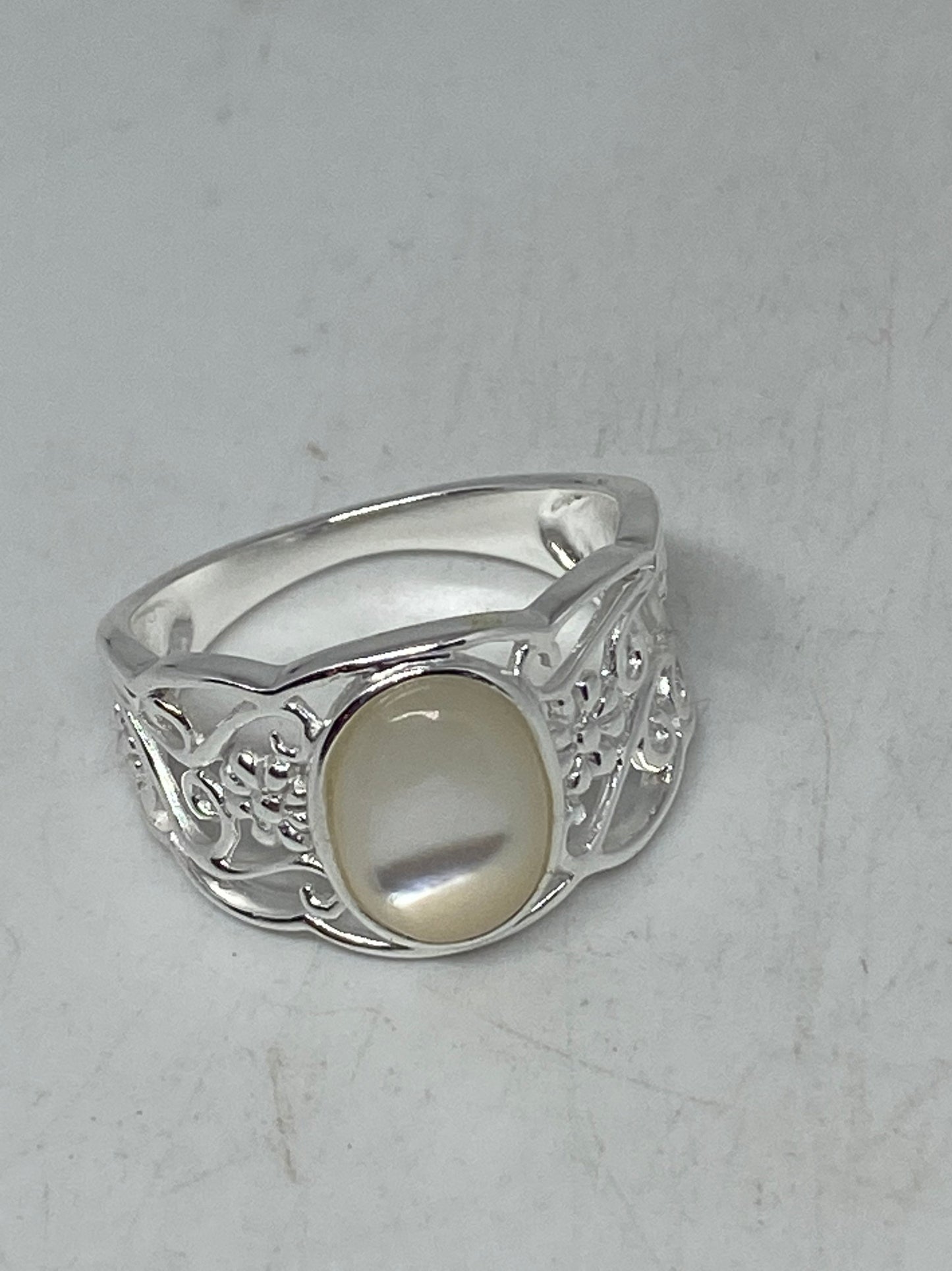 Antique White Mother of Pearl Filigree Sterling Silver Ring