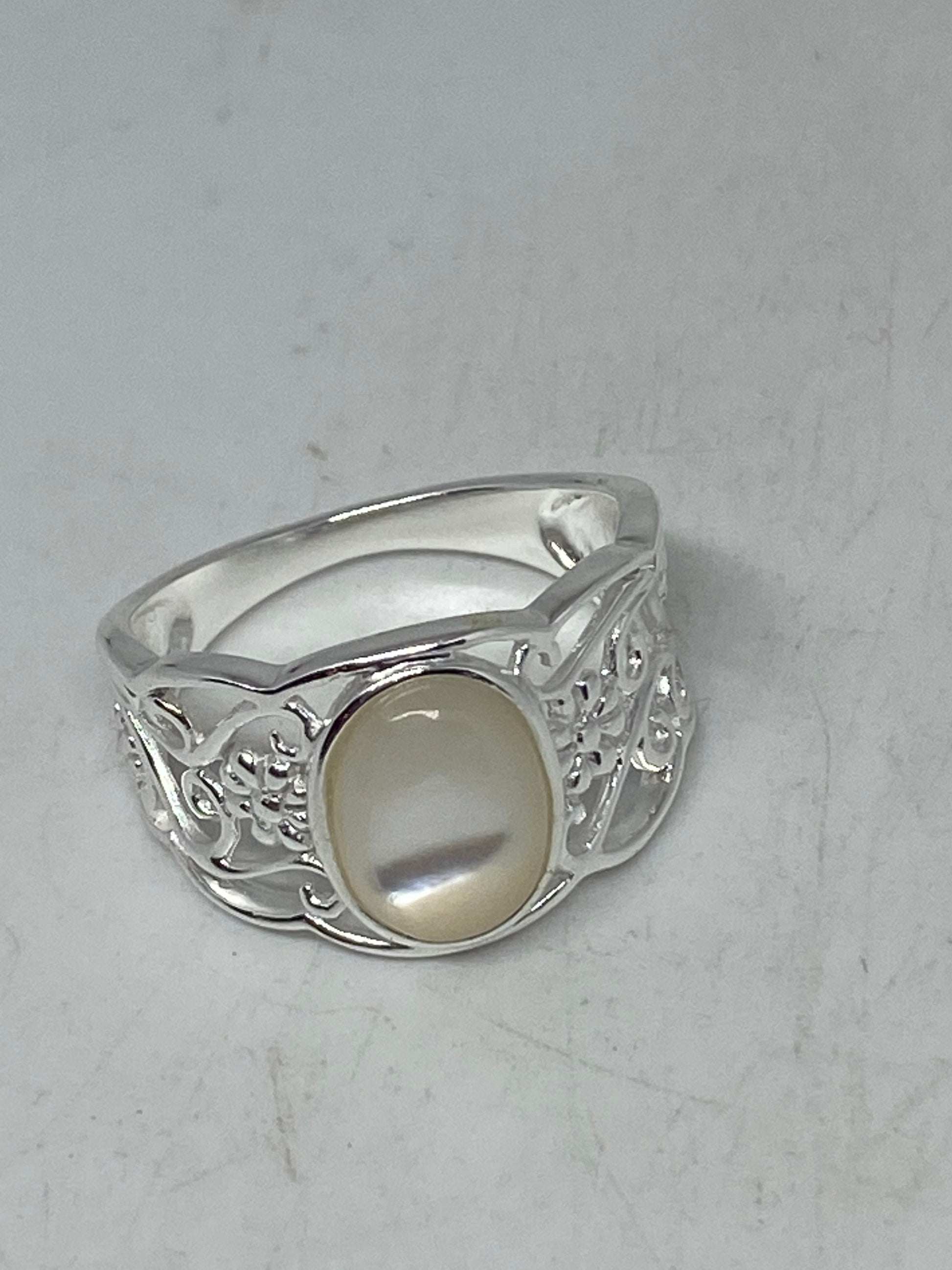 Antique White Mother of Pearl Filigree Sterling Silver Ring