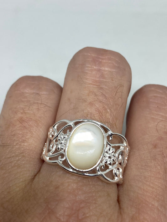 Antique White Mother of Pearl Filigree Sterling Silver Ring