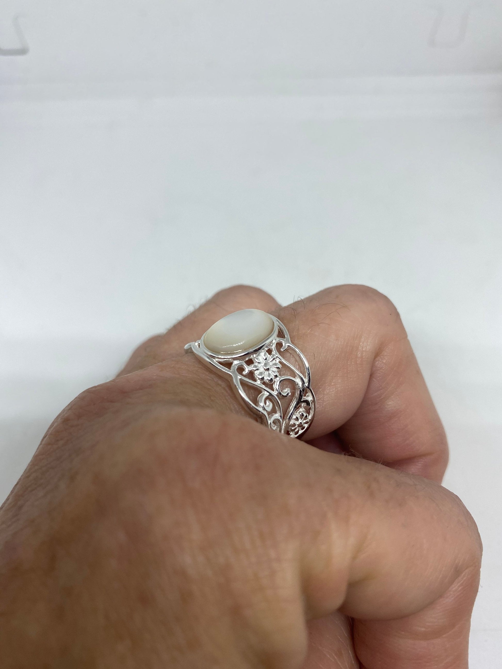 Antique White Mother of Pearl Filigree Sterling Silver Ring