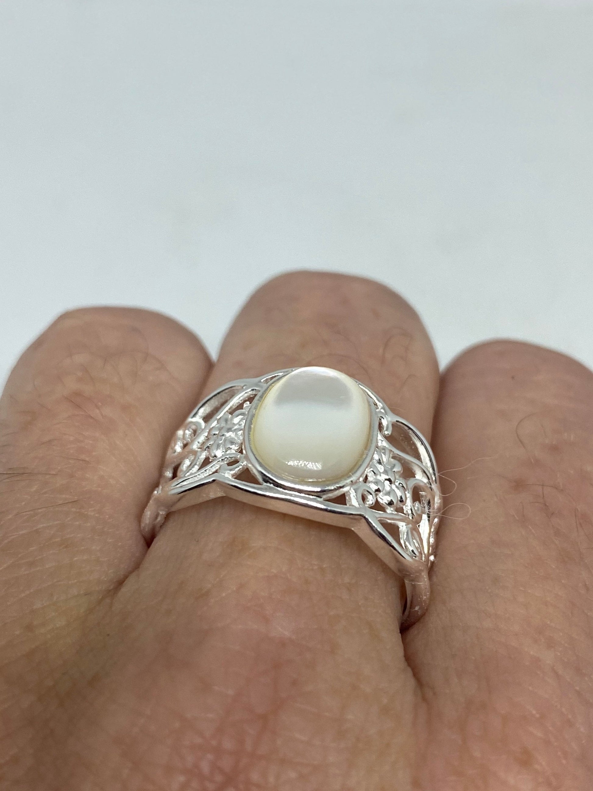 Antique White Mother of Pearl Filigree Sterling Silver Ring