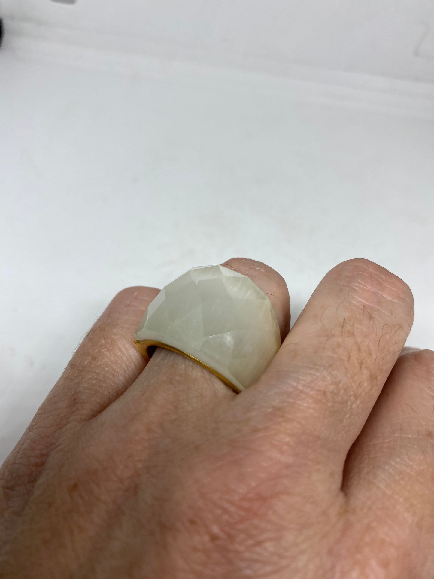 Vintage White Cats Eye Glass Mens Ring Golden Stainless Steel