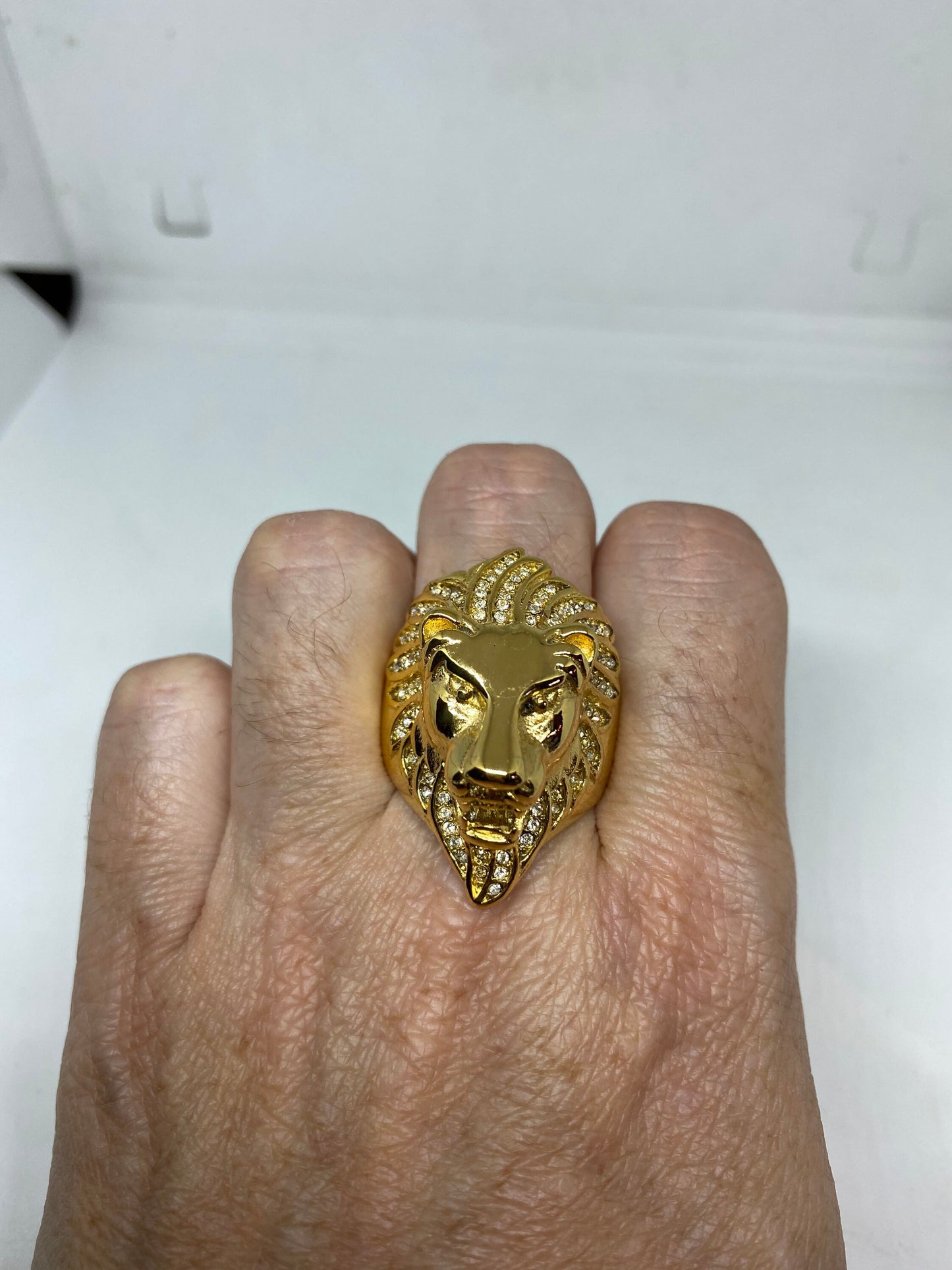 Vintage Gothic Gold Finished Austrian Crystal Stainless Steel Lion Head Leo Men Ring