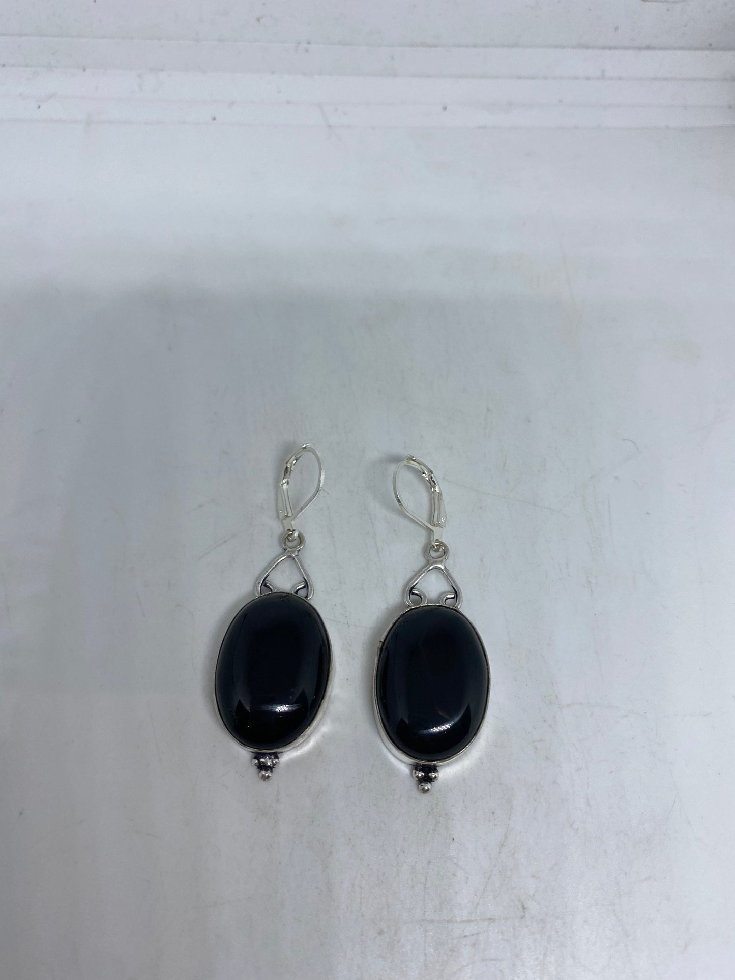 Vintage Black Earring Onyx 925 Sterling Silver Deco Dangle Chandelier