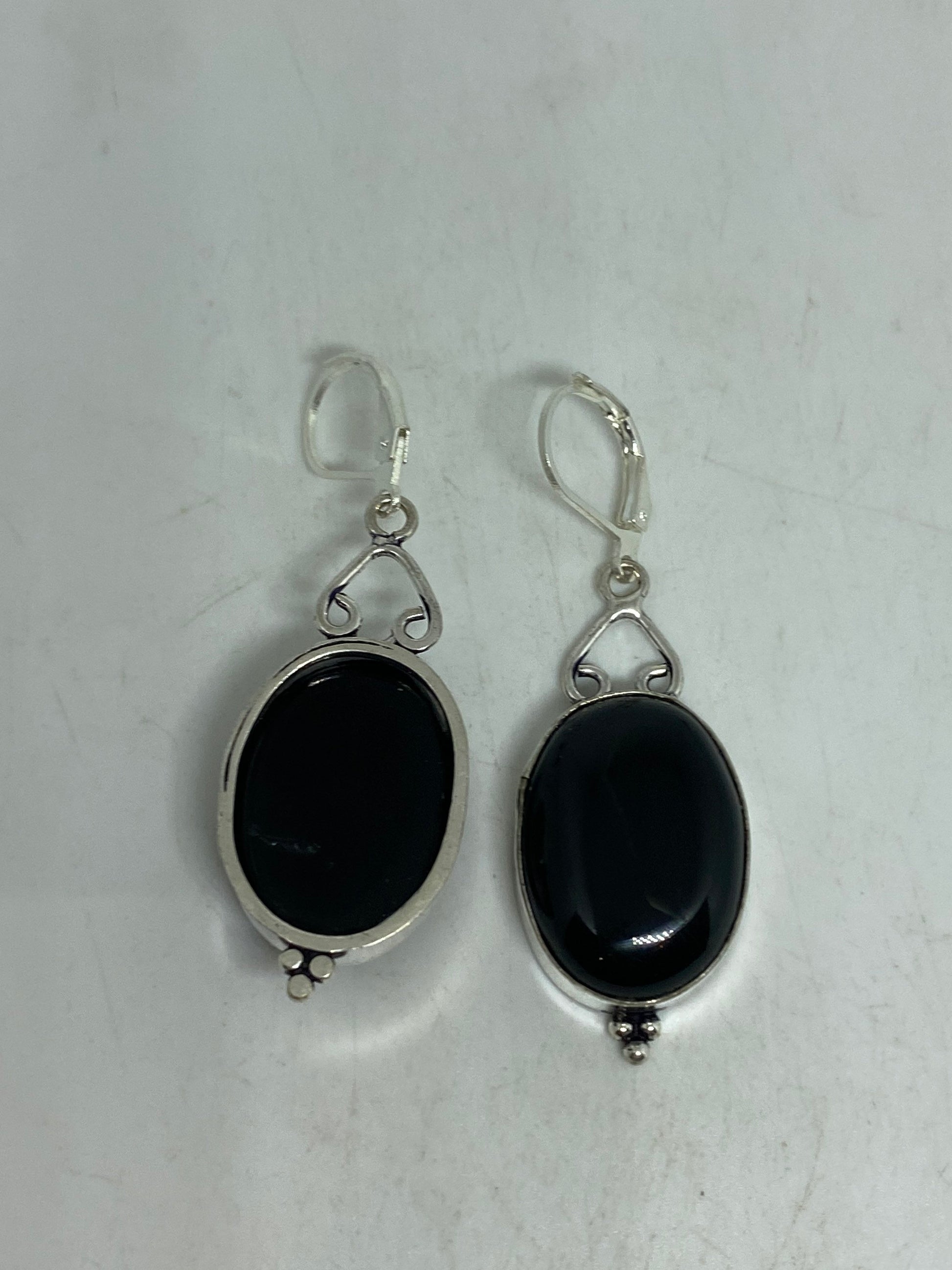 Vintage Black Earring Onyx 925 Sterling Silver Deco Dangle Chandelier