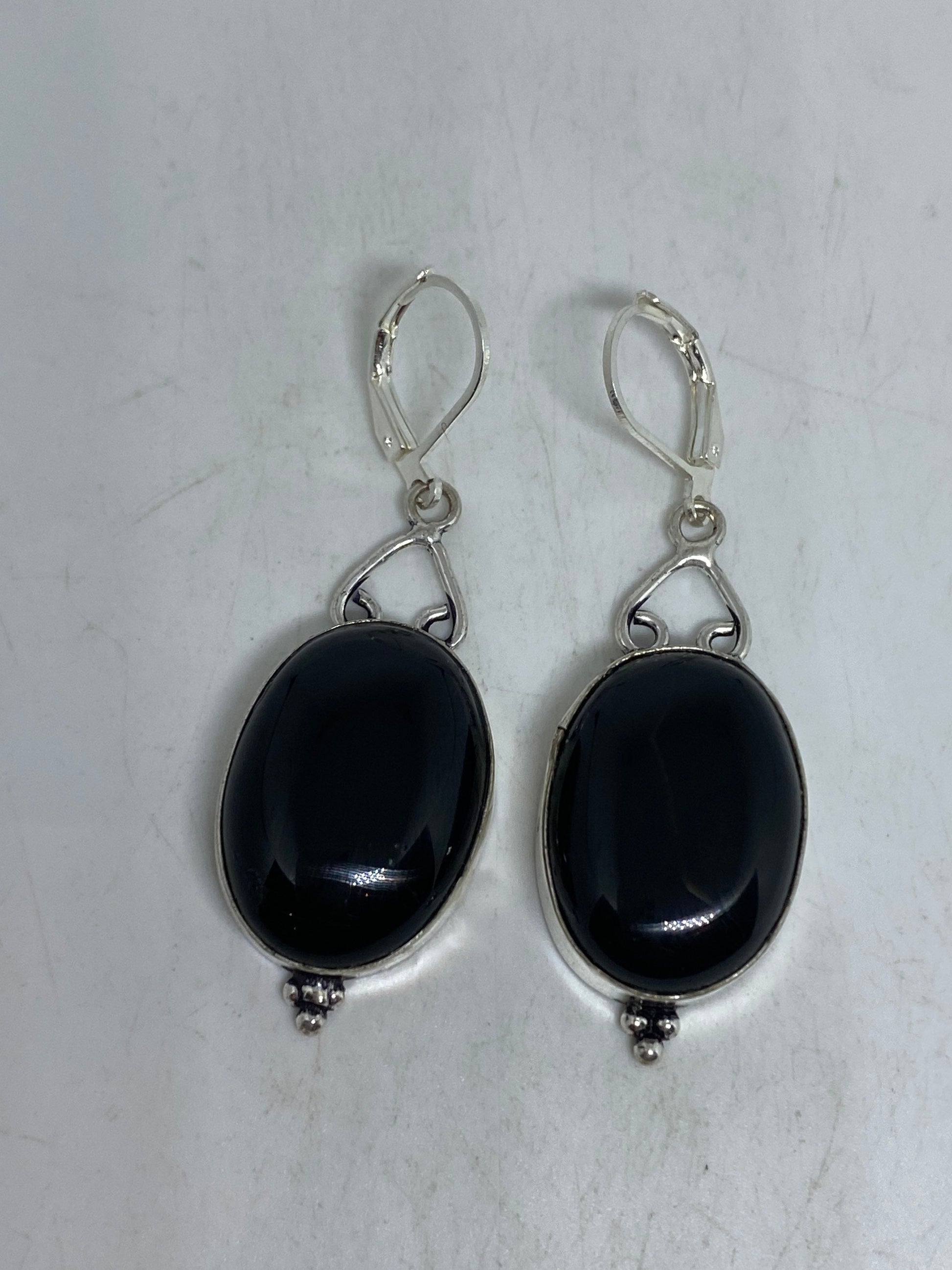 Vintage Black Earring Onyx 925 Sterling Silver Deco Dangle Chandelier