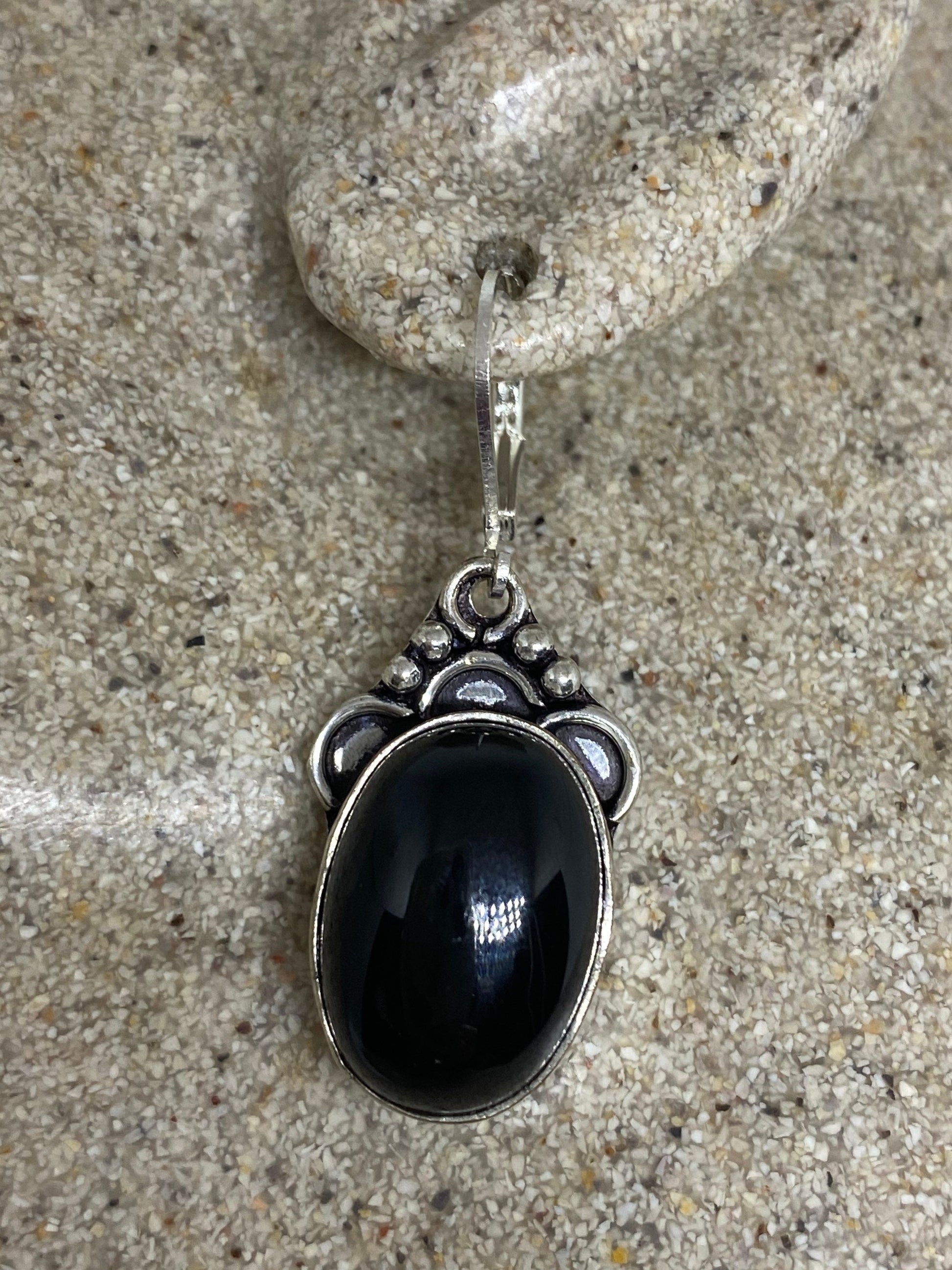 Vintage Black Earring Onyx 925 Sterling Silver Deco Dangle Chandelier