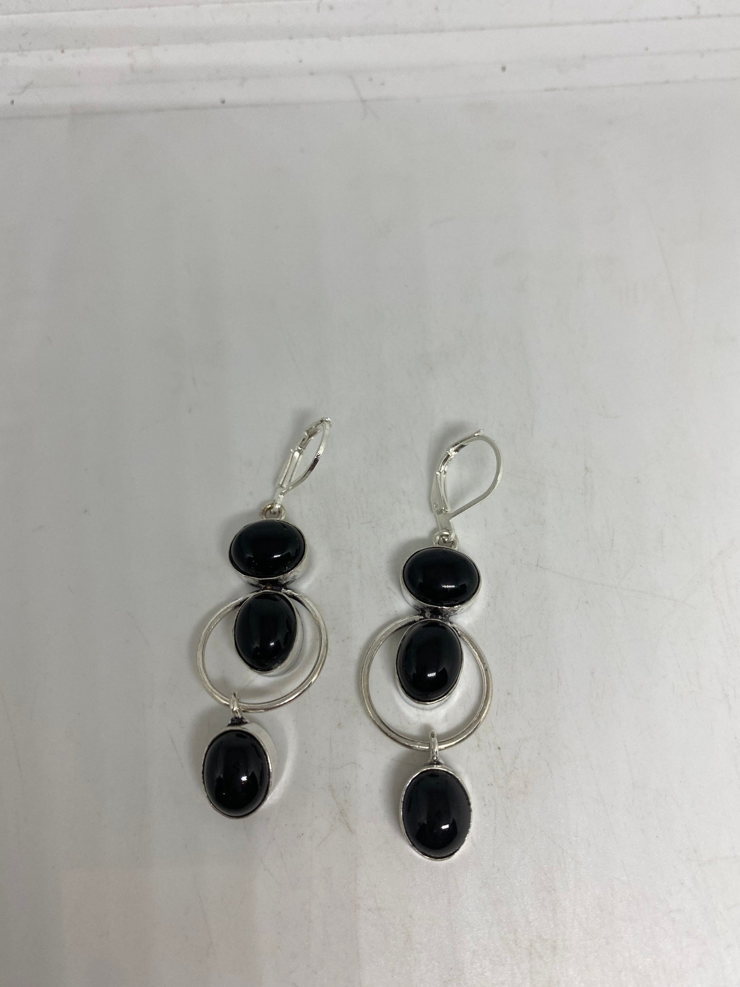 Vintage Black Earring Onyx 925 Sterling Silver Deco Dangle Chandelier