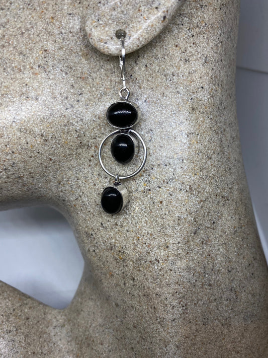 Vintage Black Earring Onyx 925 Sterling Silver Deco Dangle Chandelier