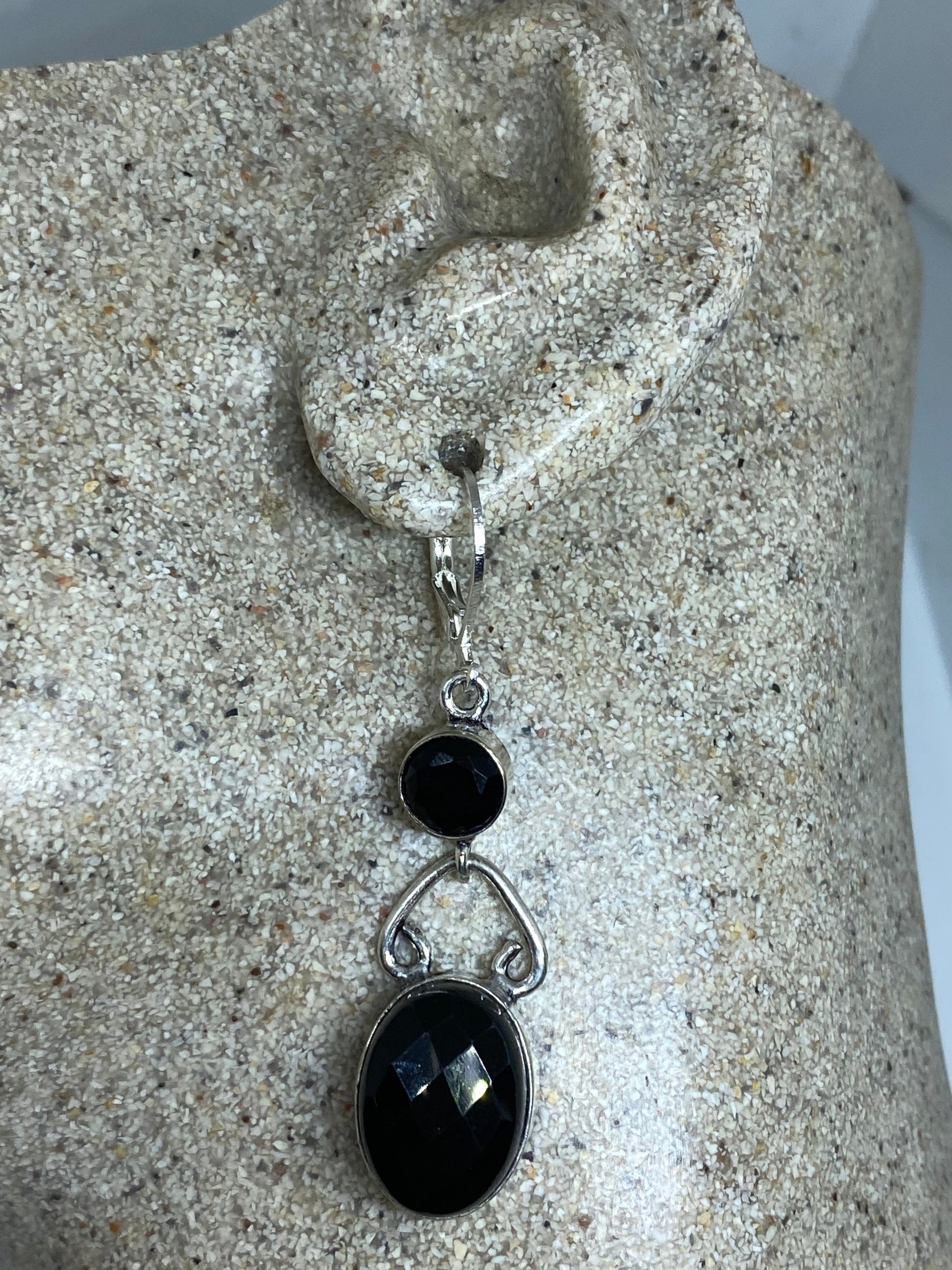 Vintage Black Earring Onyx 925 Sterling Silver Deco Dangle Chandelier