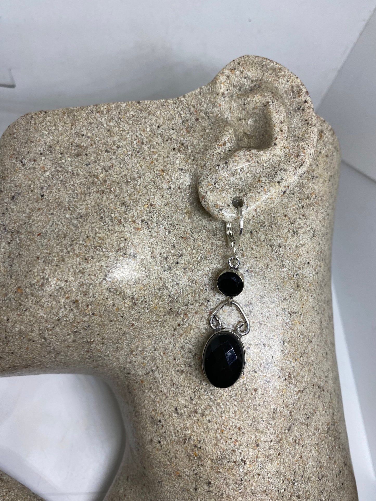 Vintage Black Earring Onyx 925 Sterling Silver Deco Dangle Chandelier