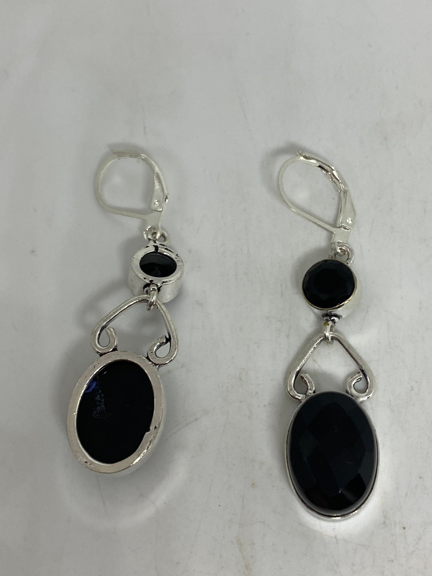 Vintage Black Earring Onyx and Garnet 925 Sterling Silver Deco Dangle Chandelier