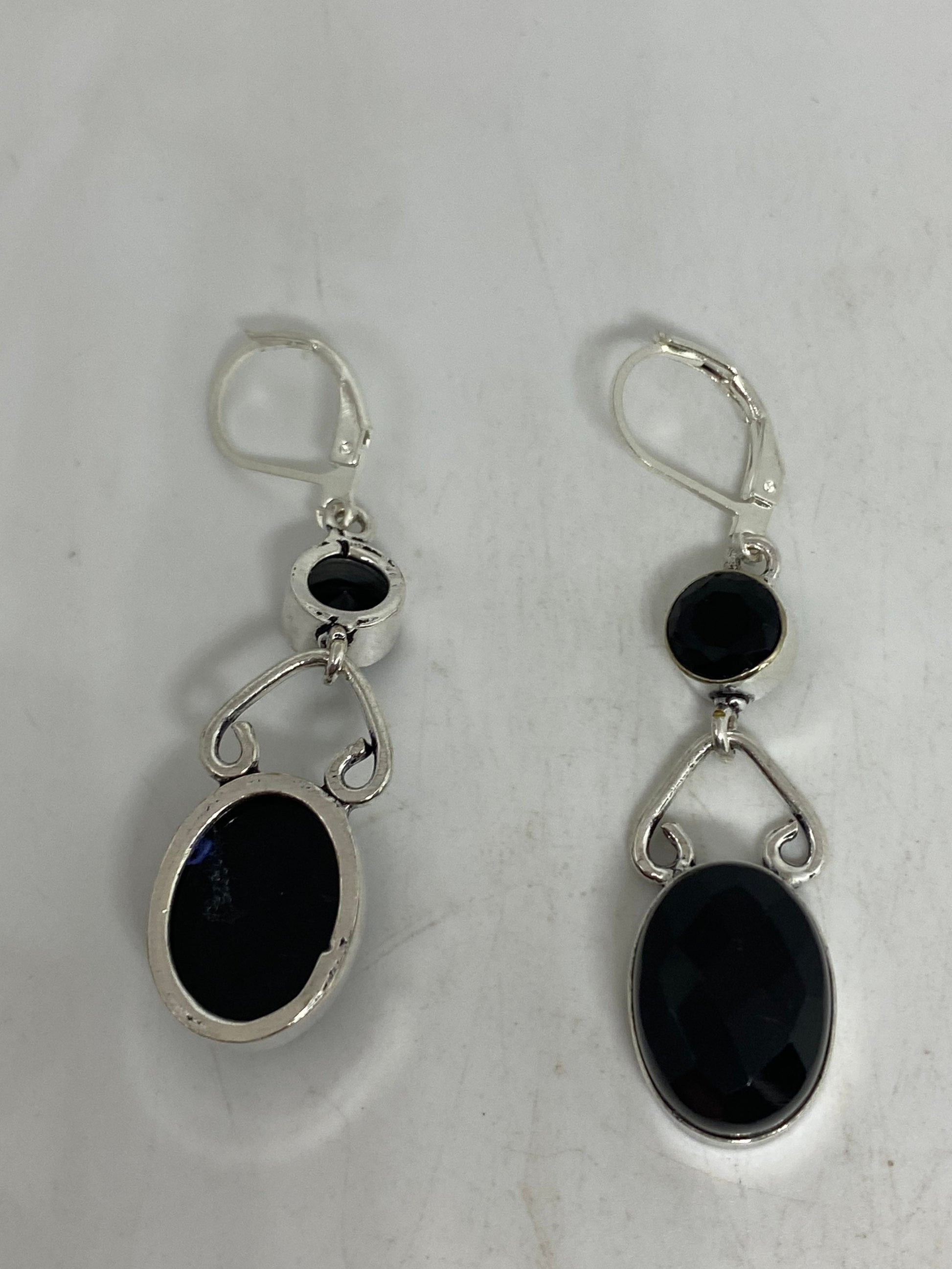 Vintage Black Earring Onyx and Garnet 925 Sterling Silver Deco Dangle Chandelier