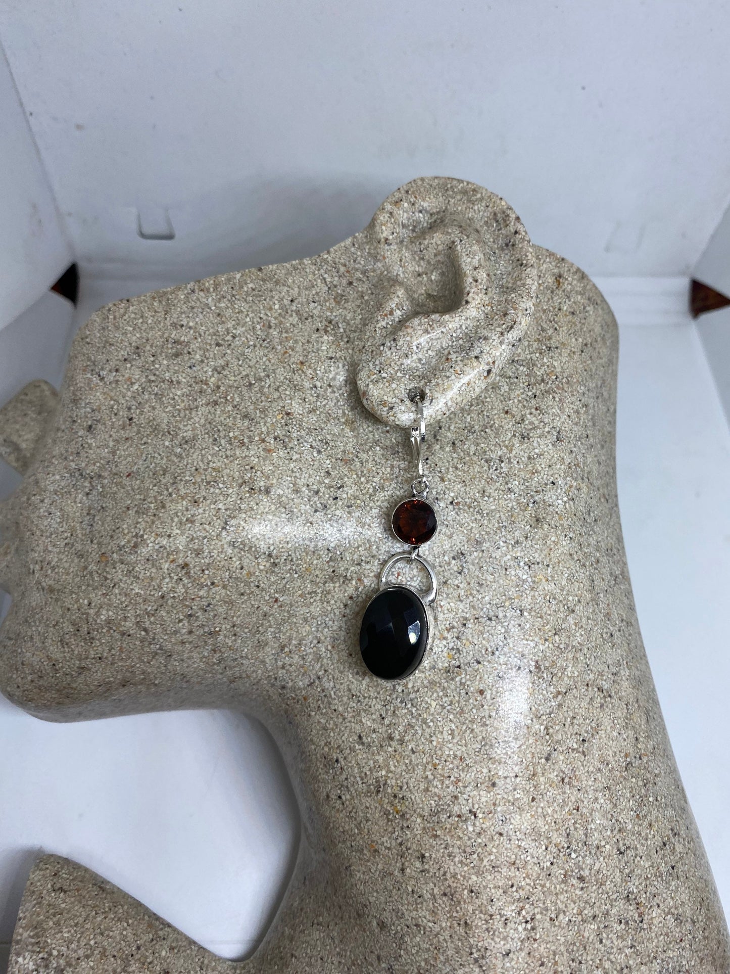 Vintage Black Earring Onyx and Garnet 925 Sterling Silver Deco Dangle Chandelier