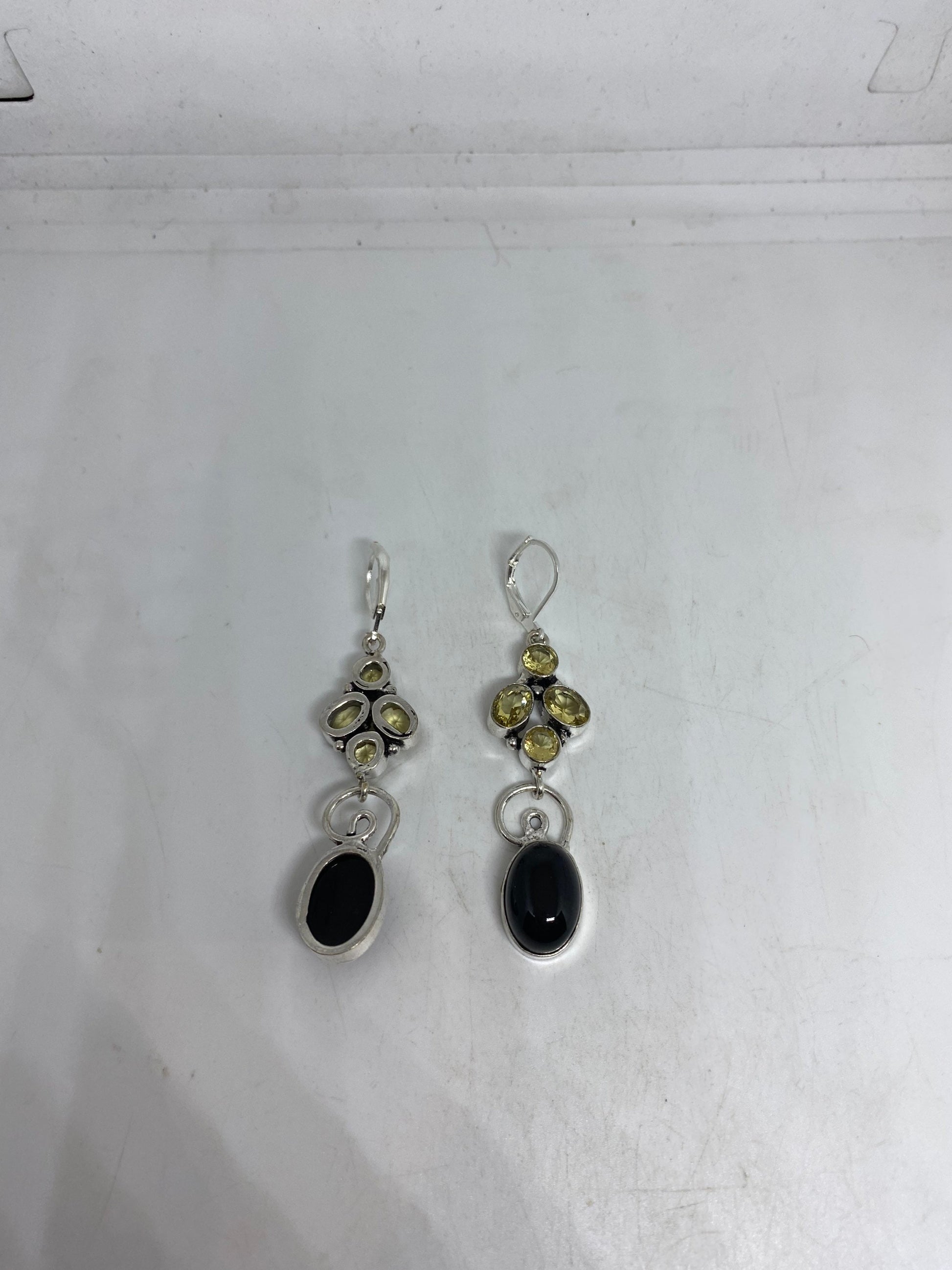 Vintage Black Earring Onyx 925 Sterling Silver Deco Dangle Chandelier