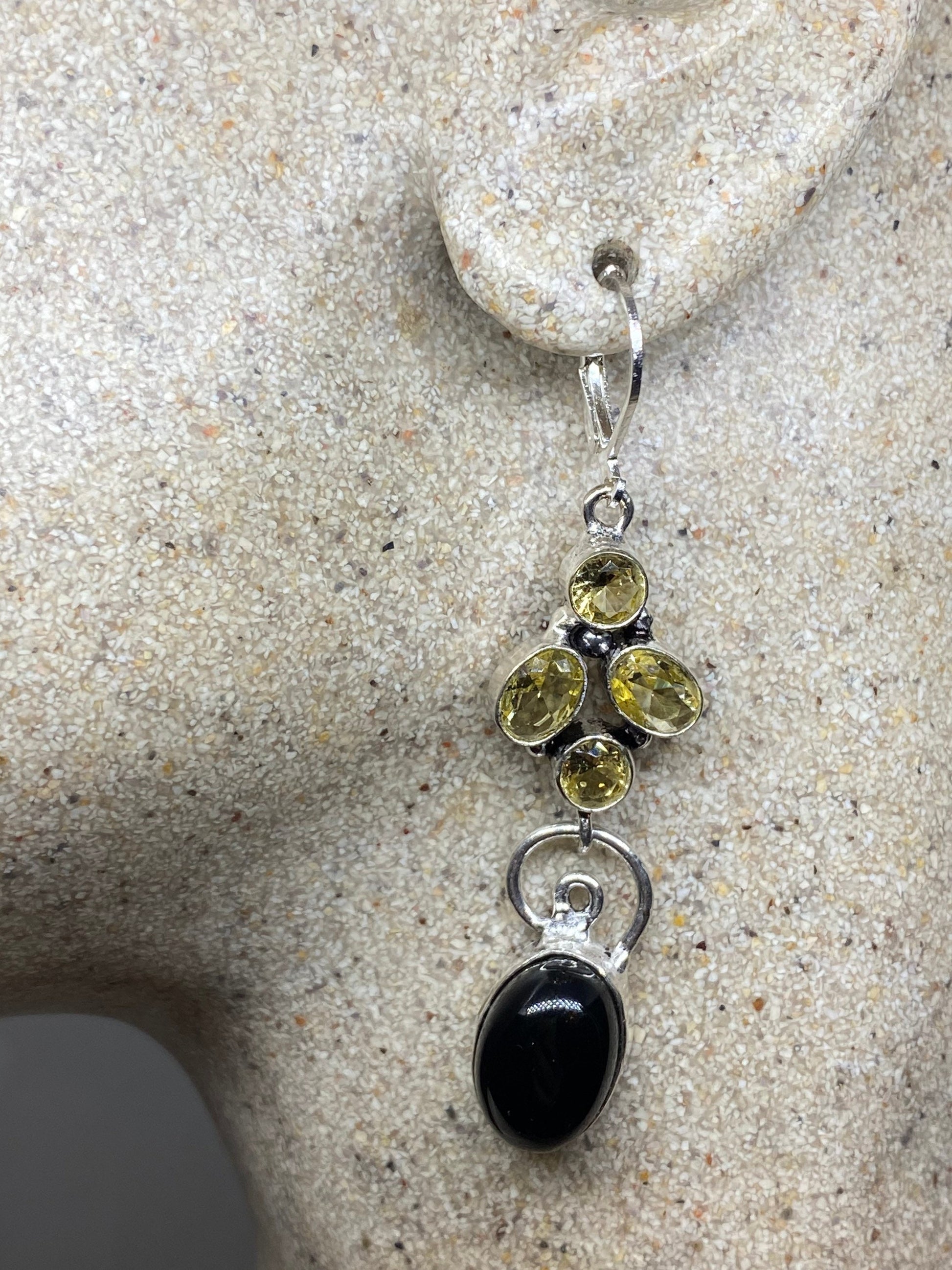 Vintage Black Earring Onyx 925 Sterling Silver Deco Dangle Chandelier