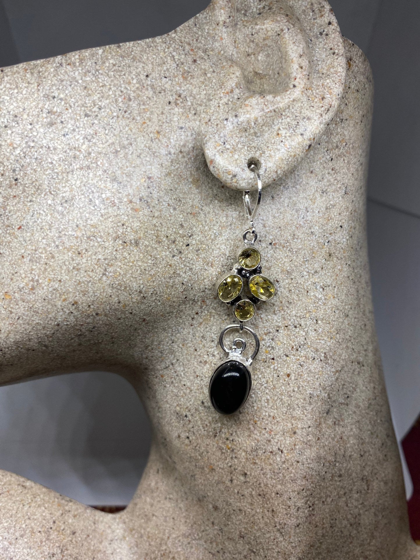 Vintage Black Earring Onyx 925 Sterling Silver Deco Dangle Chandelier