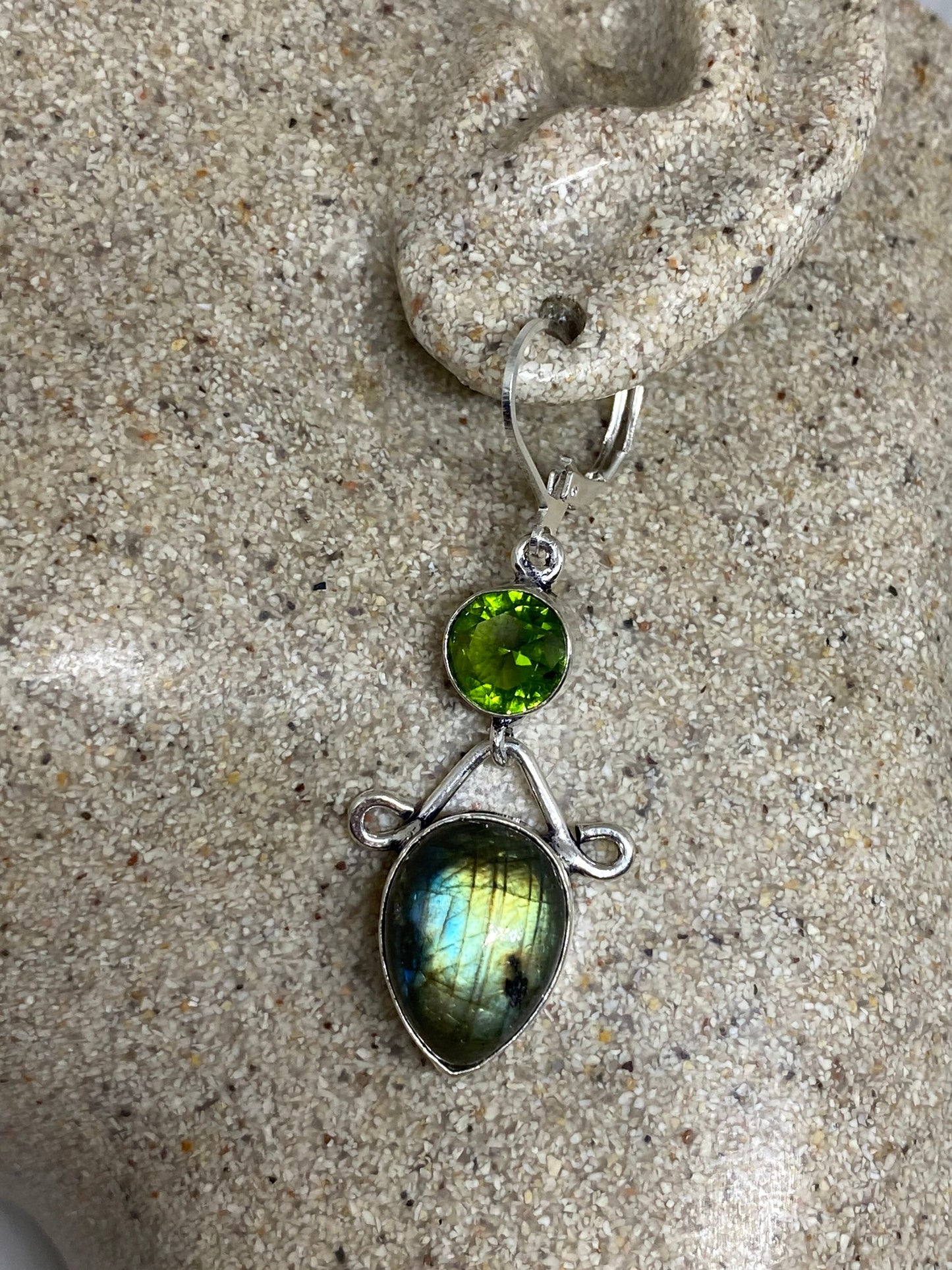 Vintage Labradorite Peridot Silver Dangle Lever Back Earrings