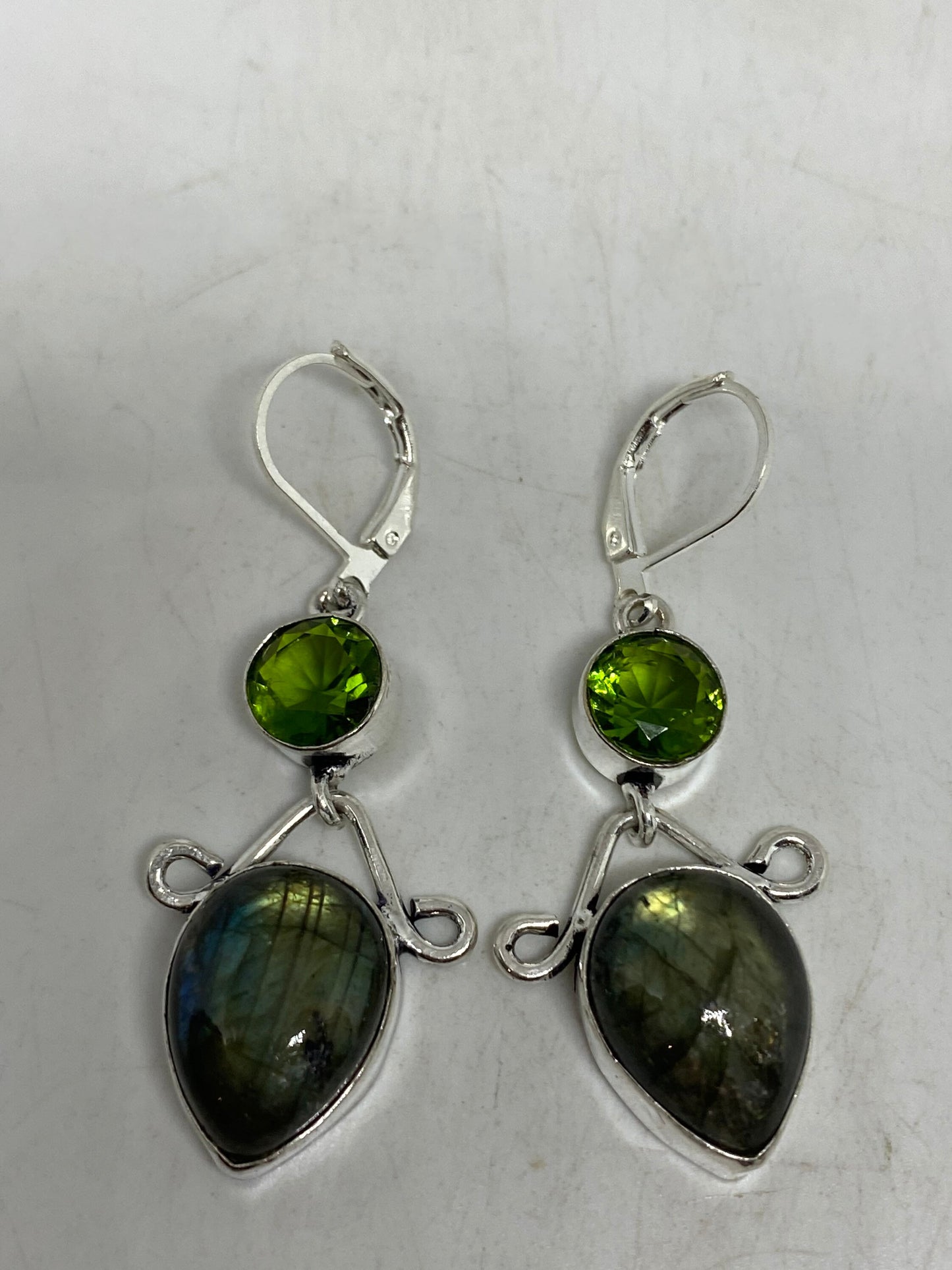 Vintage Labradorite Peridot Silver Dangle Lever Back Earrings