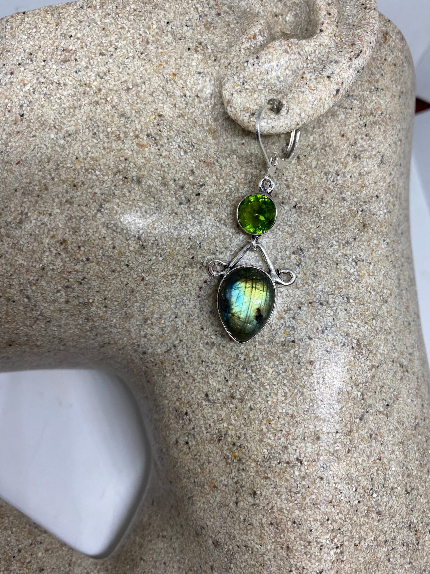 Vintage Labradorite Peridot Silver Dangle Lever Back Earrings