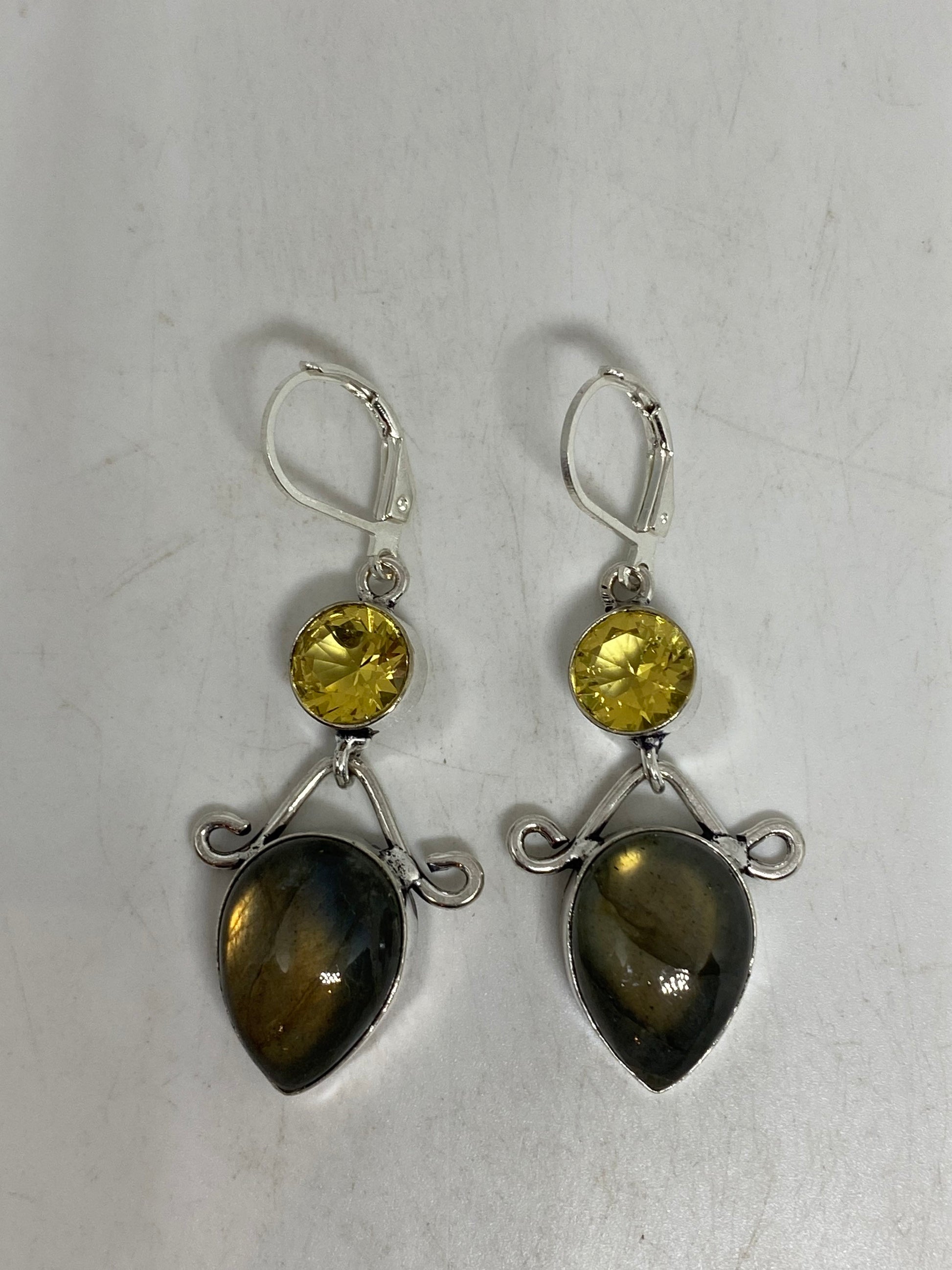 Vintage Labradorite Citrine Silver Dangle Lever Back Earrings