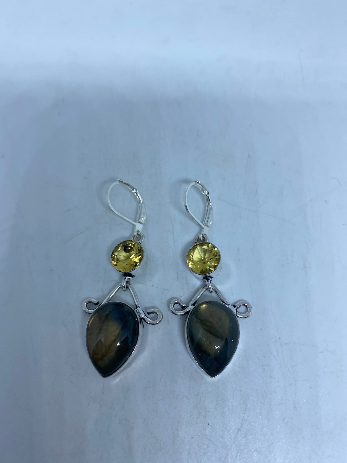 Vintage Labradorite Citrine Silver Dangle Lever Back Earrings