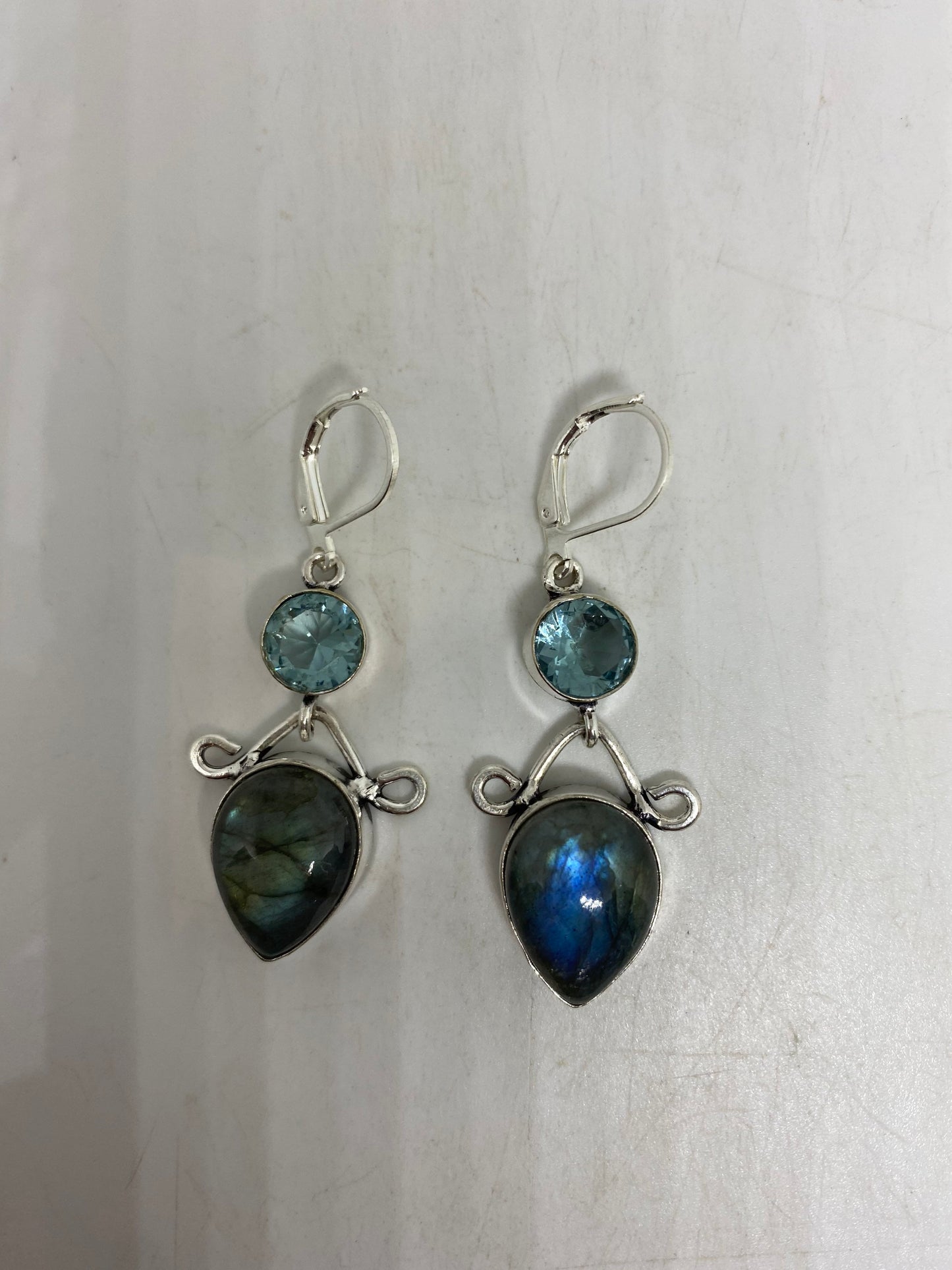 Vintage Labradorite And Blue Topaz Silver Dangle Lever Back Earrings