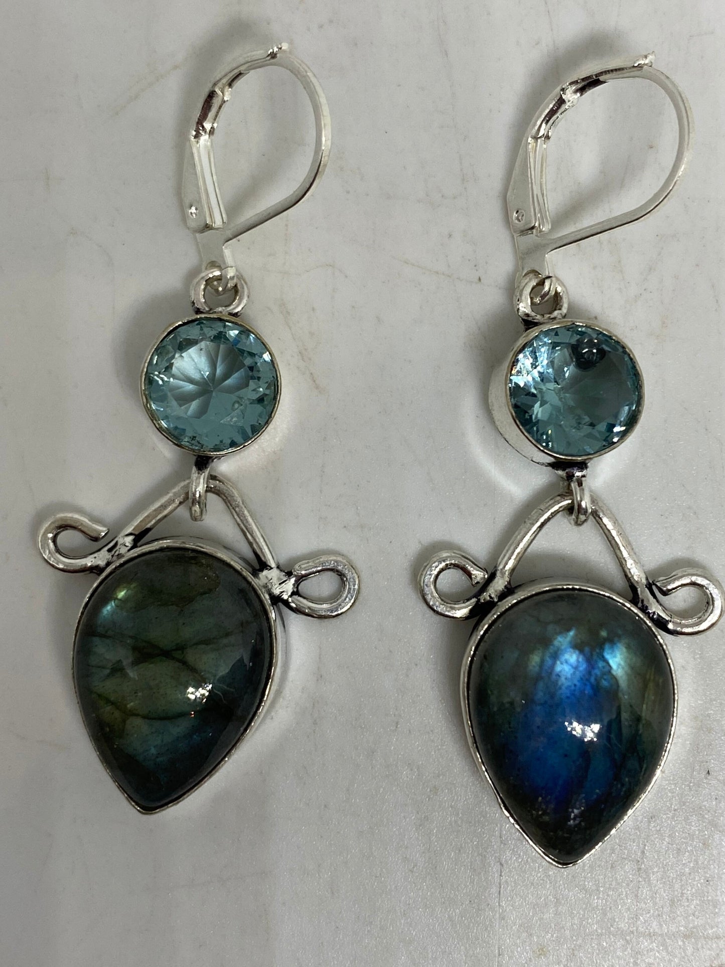 Vintage Labradorite And Blue Topaz Silver Dangle Lever Back Earrings