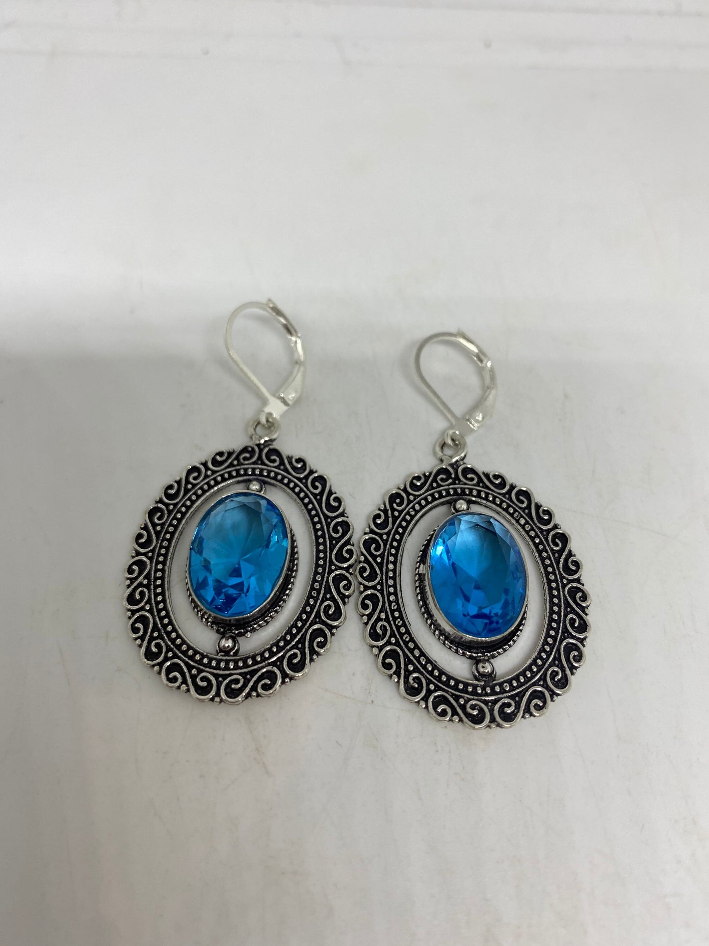 Vintage Genuine Blue Topaz Gemstone 925 Sterling Silver Lever Back Earrings