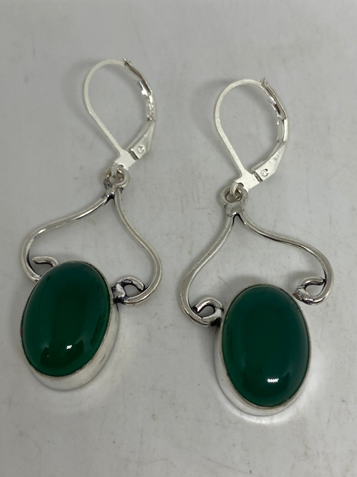 Antique Vintage Green Chrysoprase Silver Dangle Earrings