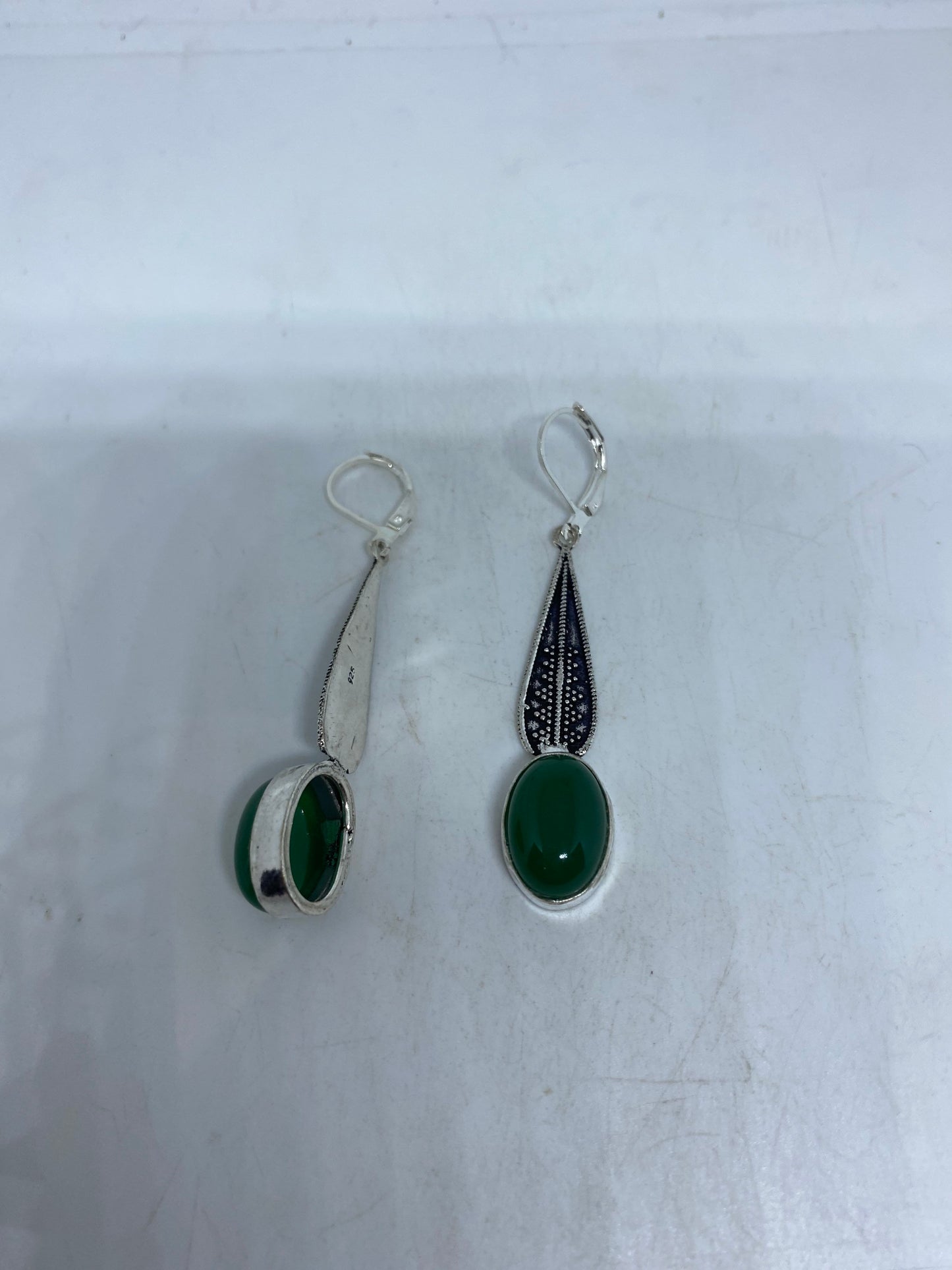 Antique Vintage Green Chrysoprase Silver Dangle Earrings