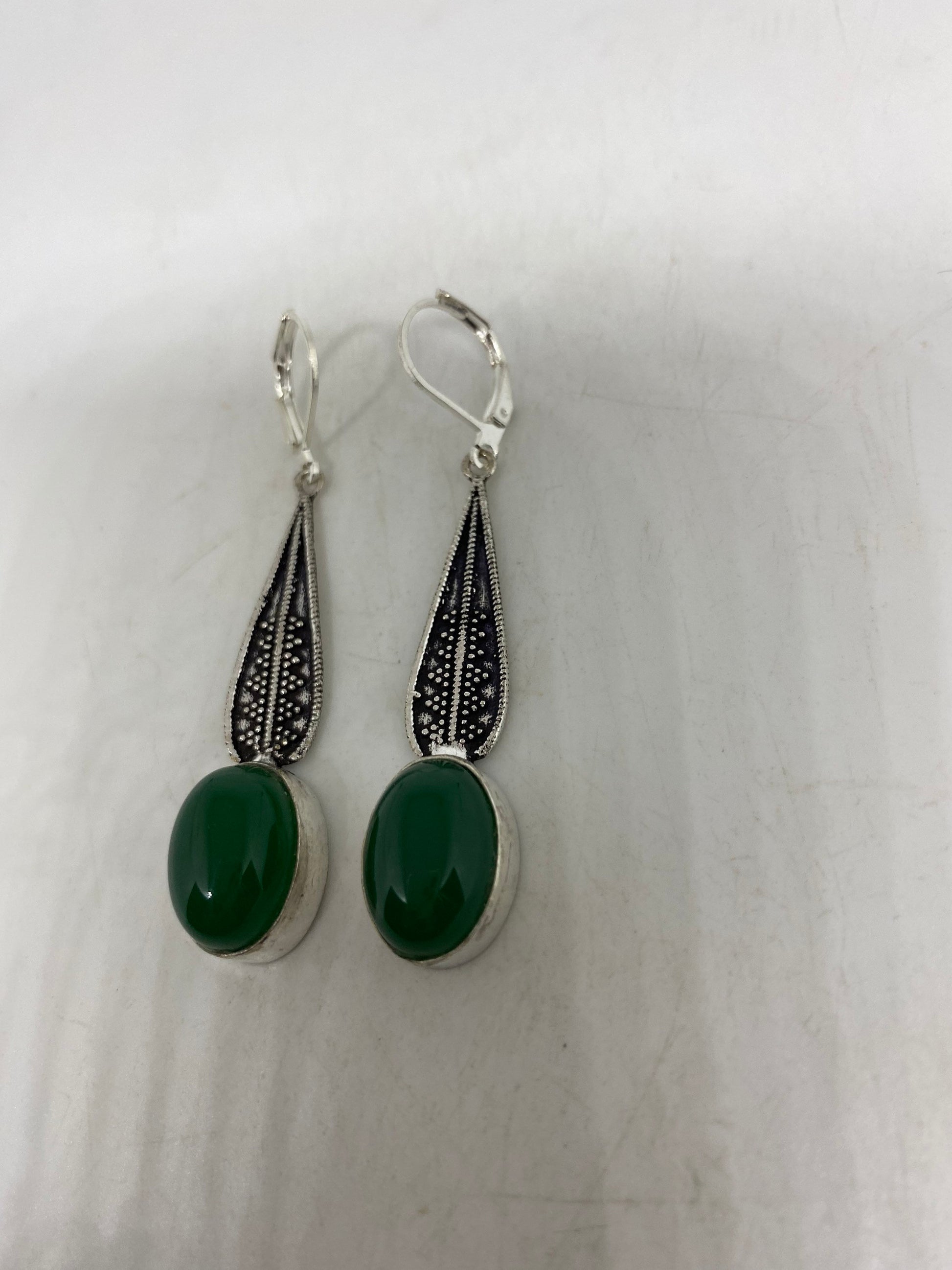 Antique Vintage Green Chrysoprase Silver Dangle Earrings