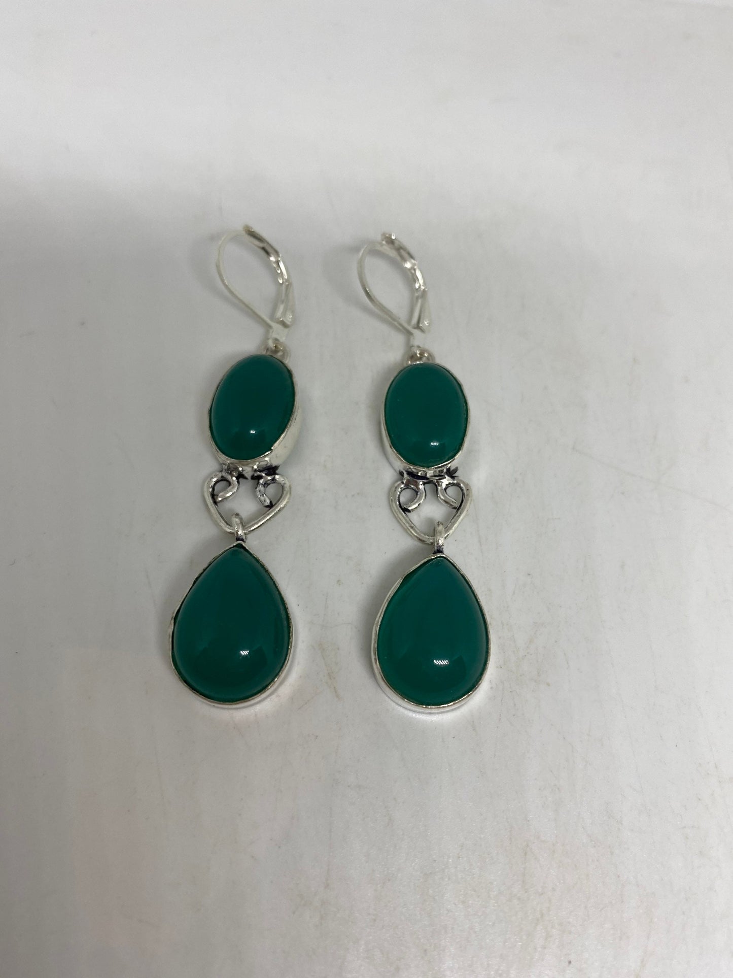 Antique Vintage Green Chrysoprase Silver Dangle Earrings