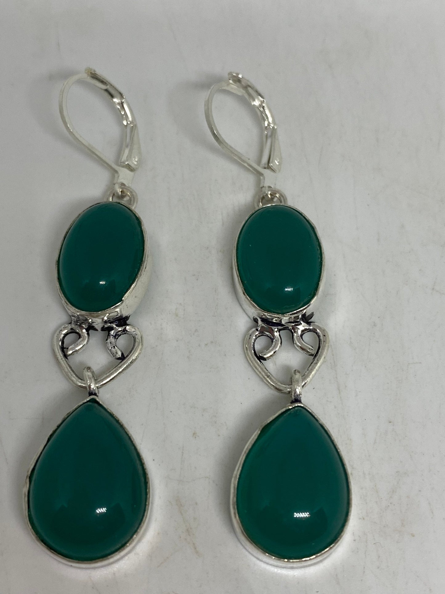 Antique Vintage Green Chrysoprase Silver Dangle Earrings