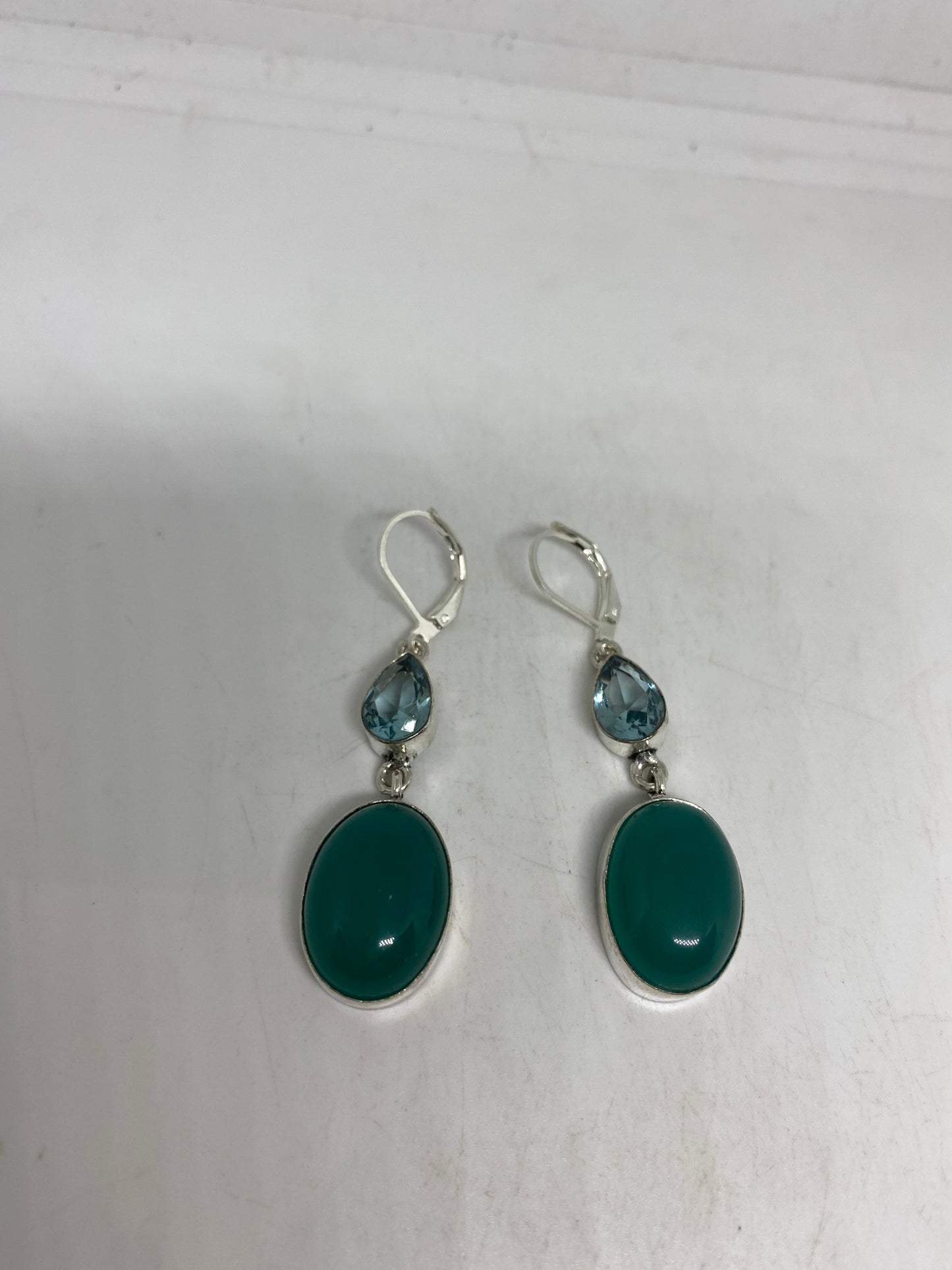 Antique Vintage Green Chrysoprase Silver Dangle Earrings