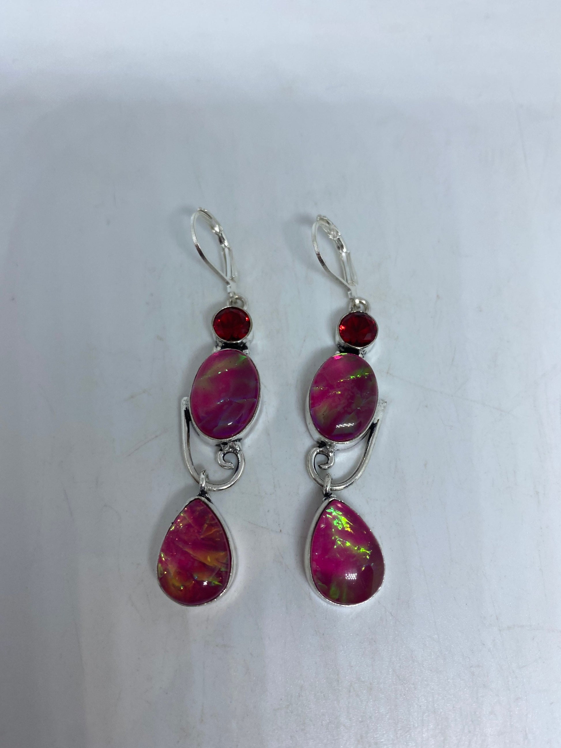 Antique Vintage Pink Butterfly wing Glass Silver Dangle Earrings