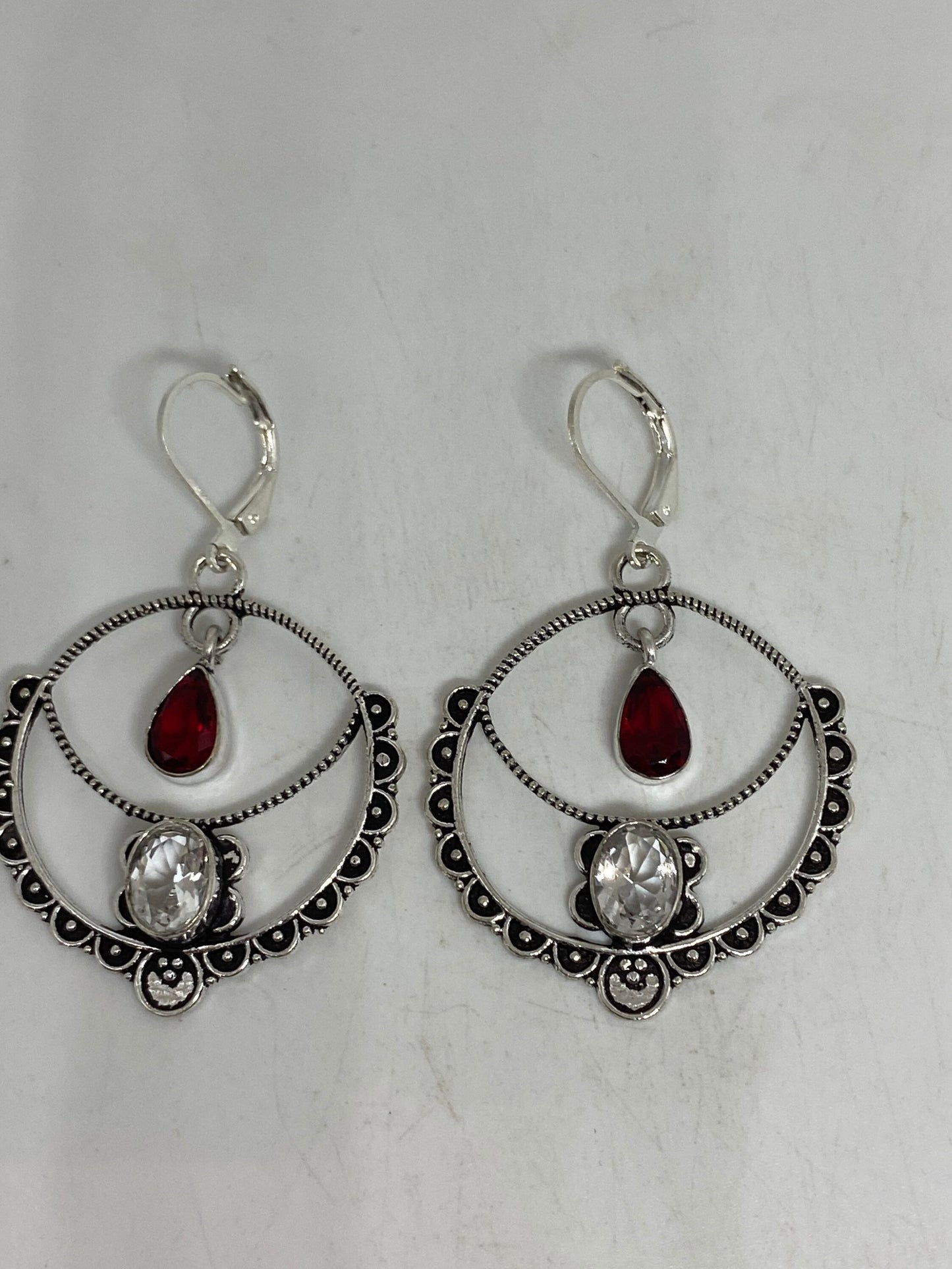 Vintage Red Garnet Clear Quartz Earrings 925 Sterling Silver