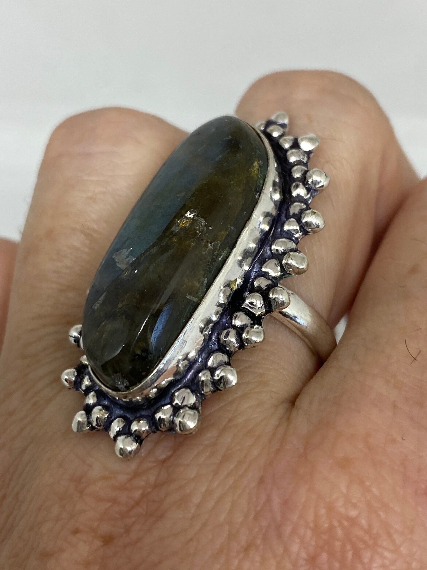 Vintage Large Blue Green Labradorite Stone Silver Ring