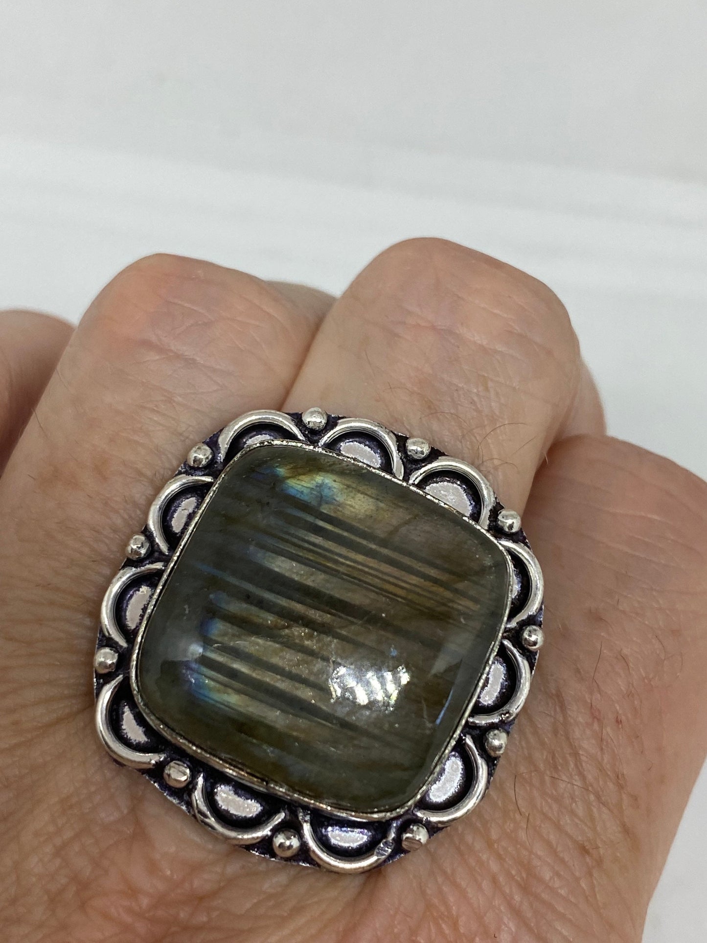 Vintage Large Blue Green Labradorite Stone Silver Ring