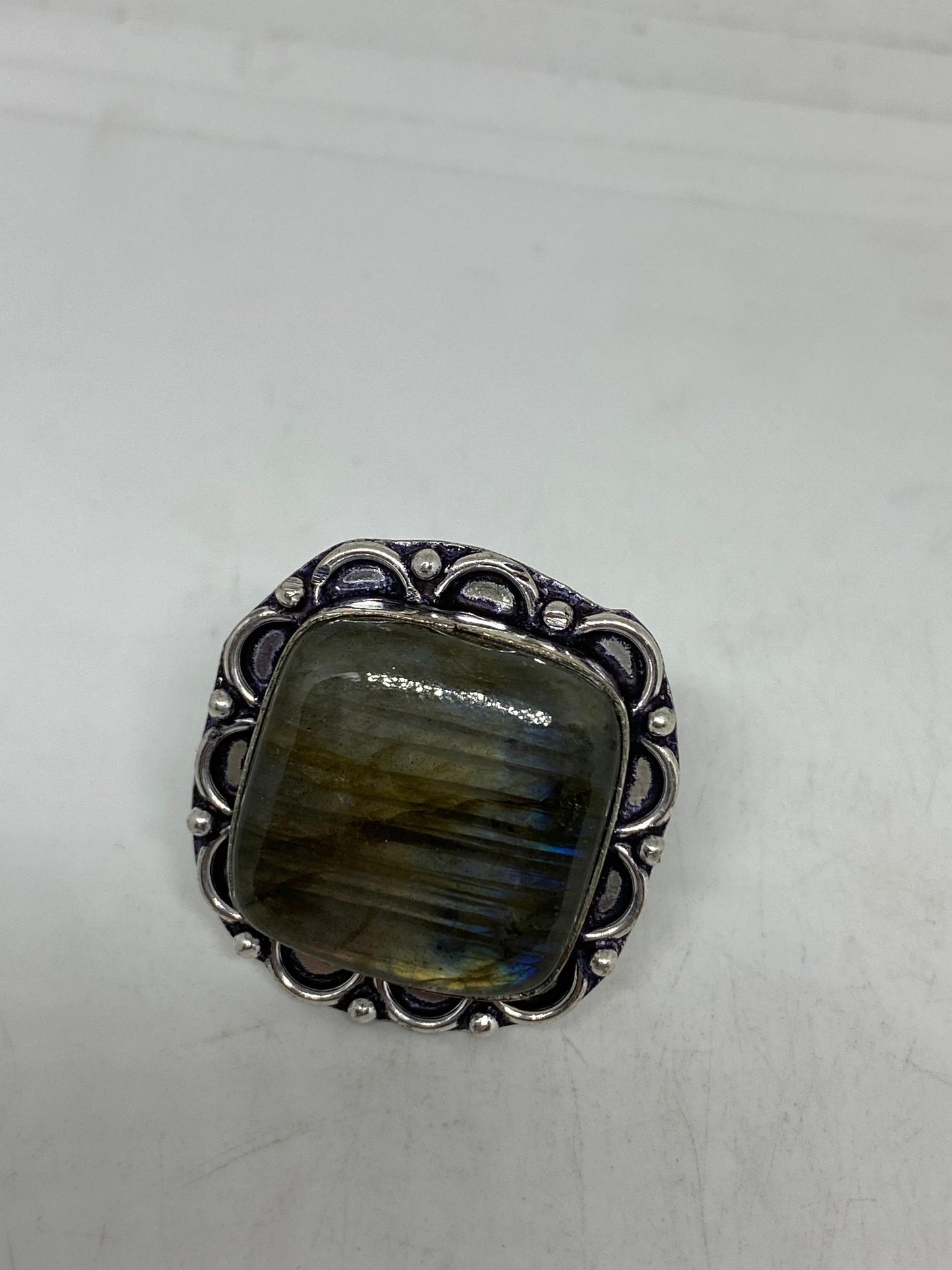 Vintage Large Blue Green Labradorite Stone Silver Ring